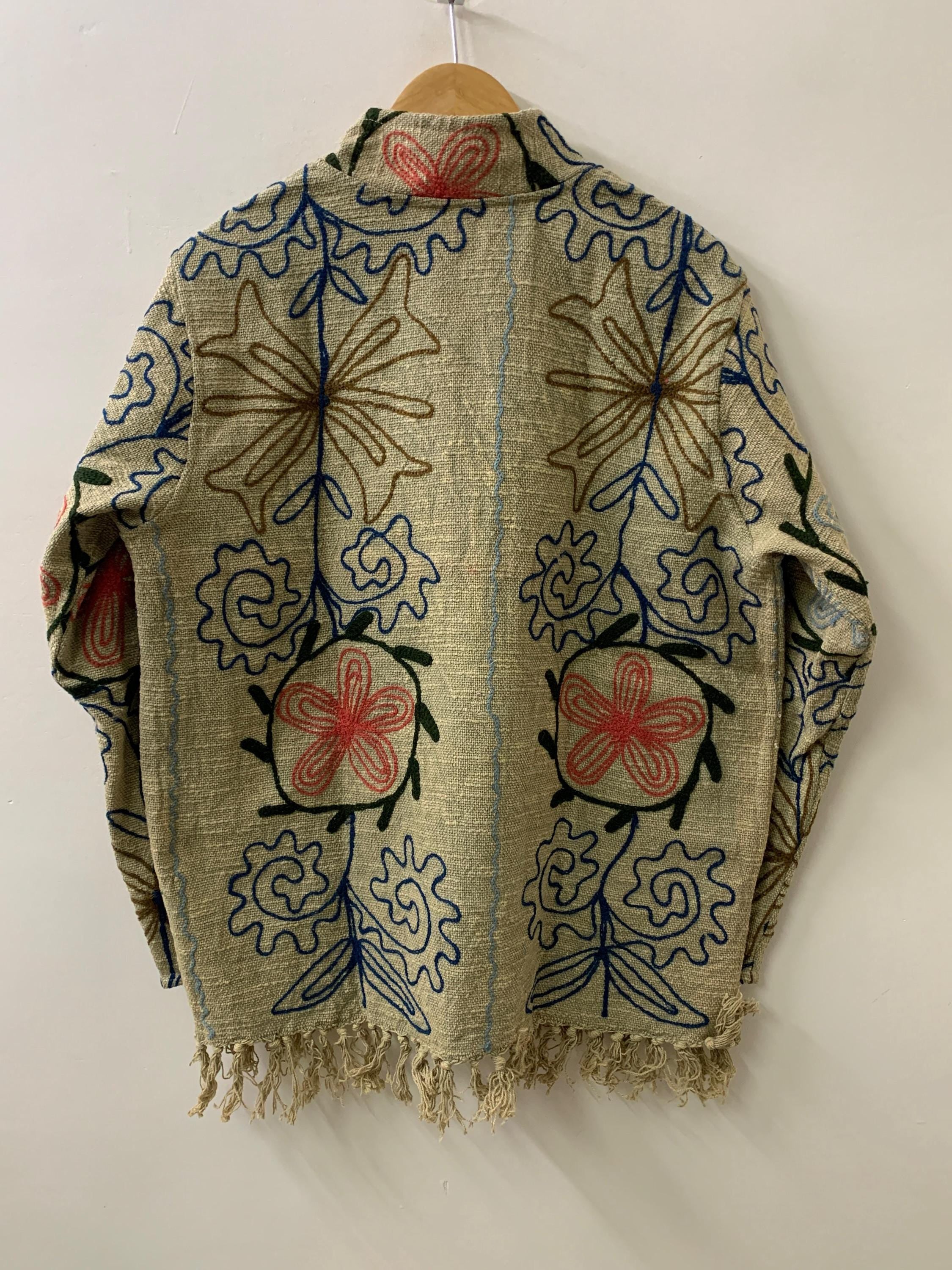 Vintage Style Ethnic Embroidered Cotton Suzani Kimono | Boho Throw Shrug | Tribal Spring Coat | Artisan Duster Jacket