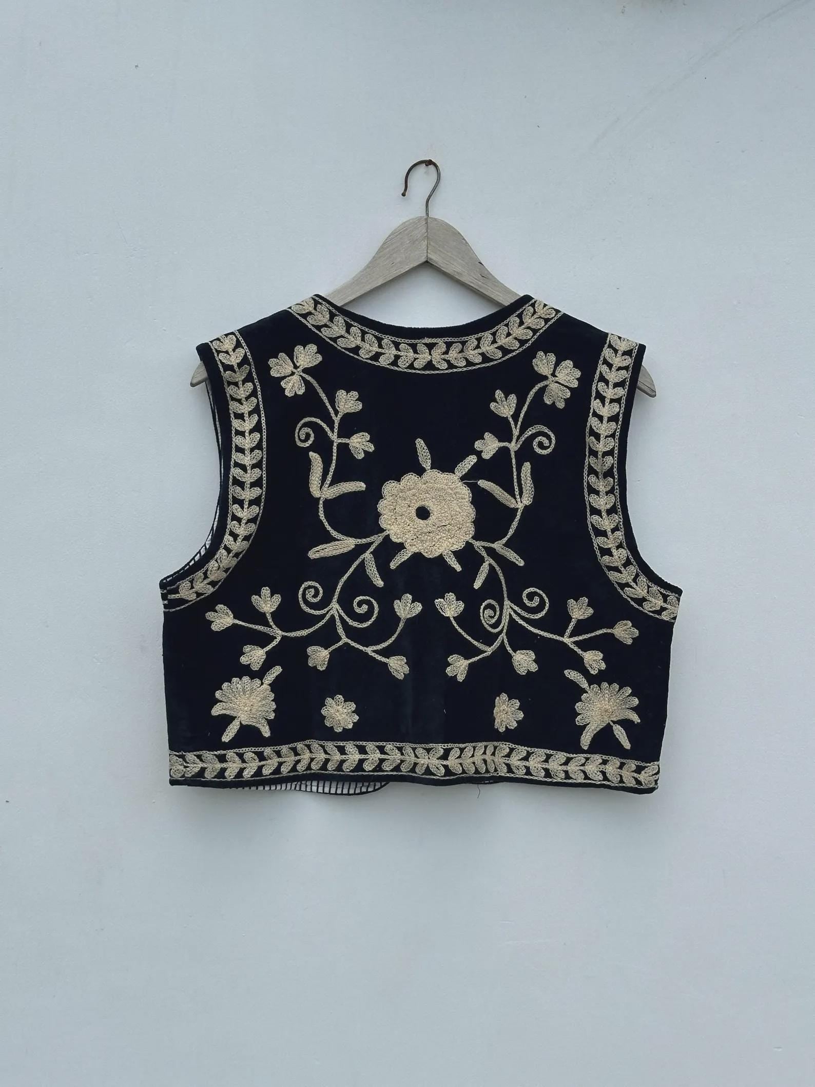 Black Velvet Boho Vest | Embroidered Indian Waistcoat | Handmade Ethnic Sleeveless Jacket | Cotton Lined Festival Vest | Gift for Her