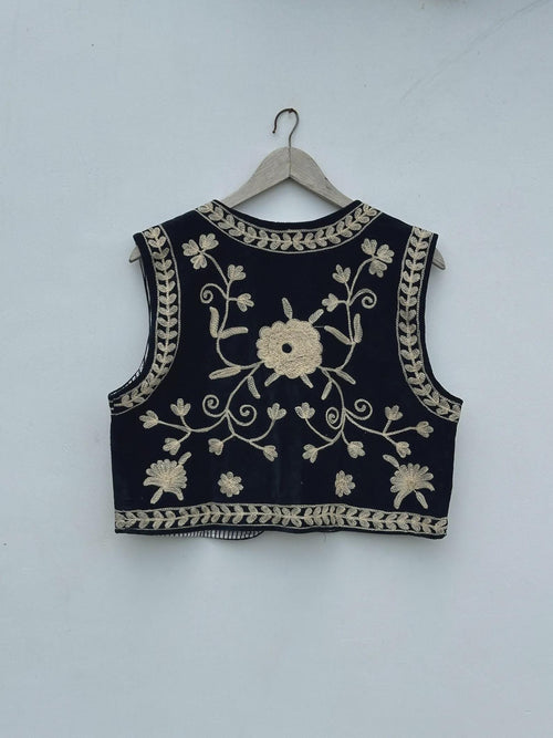 Black Velvet Boho Vest | Embroidered Indian Waistcoat | Handmade Ethnic Sleeveless Jacket | Cotton Lined Festival Vest | Gift for Her