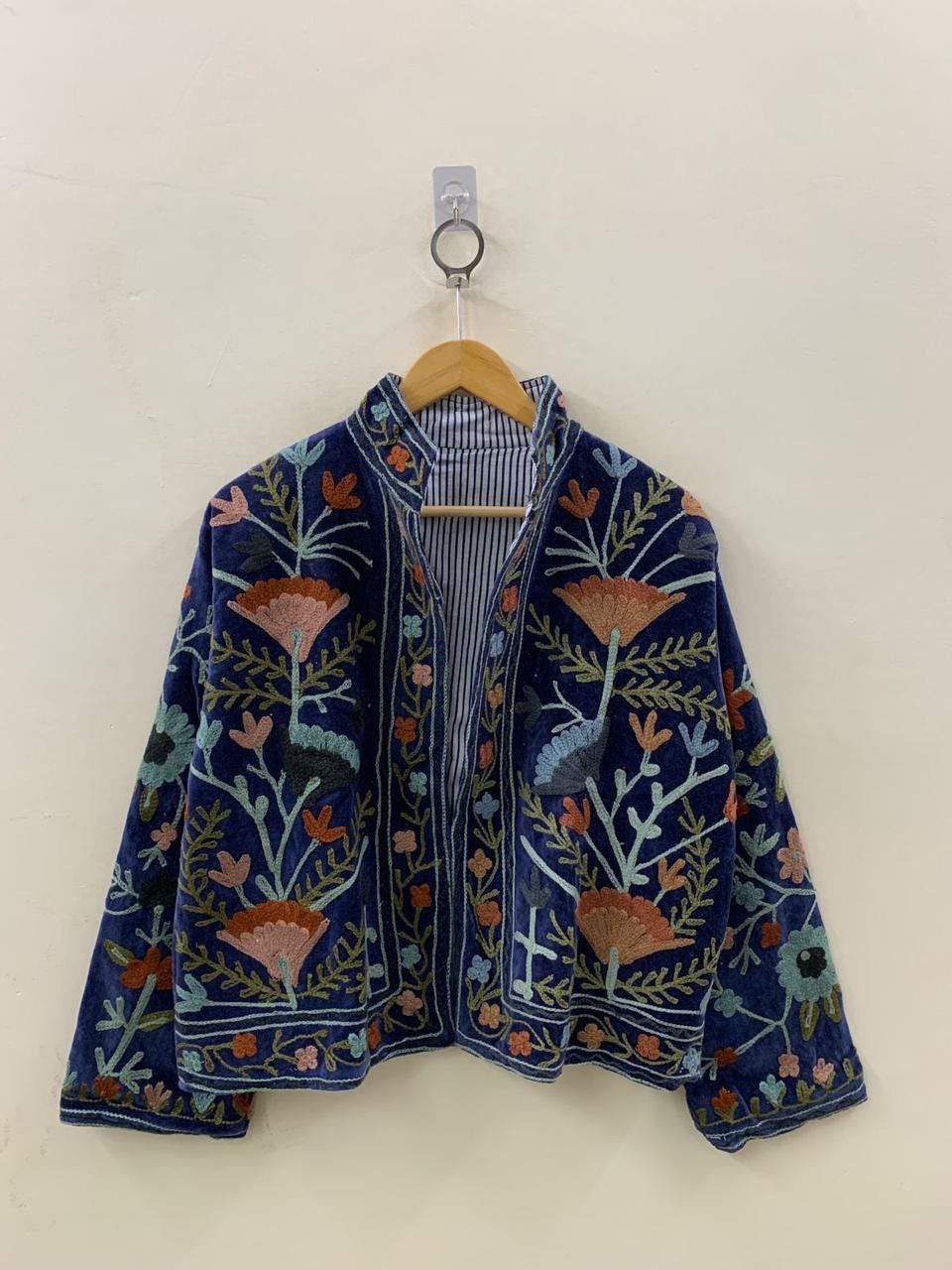 Blue Velvet Suzani Embroidery Jacket | Suzani Duster Jacket | Winter Kimono Jacket | Women's Bomber Coat, Robe, Gift For Her |Street Fashion