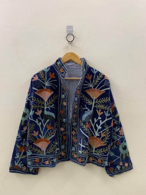 Blue Velvet Suzani Embroidery Jacket | Suzani Duster Jacket | Winter Kimono Jacket | Women's Bomber Coat, Robe, Gift For Her |Street Fashion