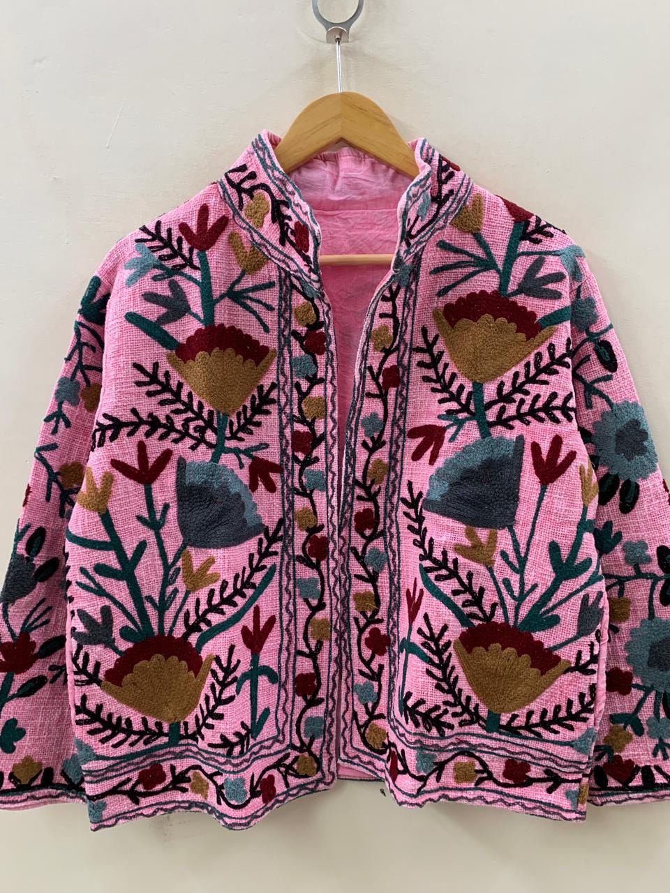 Pink Suzani TNT Fabric Short Jacket | Long Sleeve Button Winter Coat | Short Jacket | Spring Bomber Jacket | Gift For Her | TNT Coat