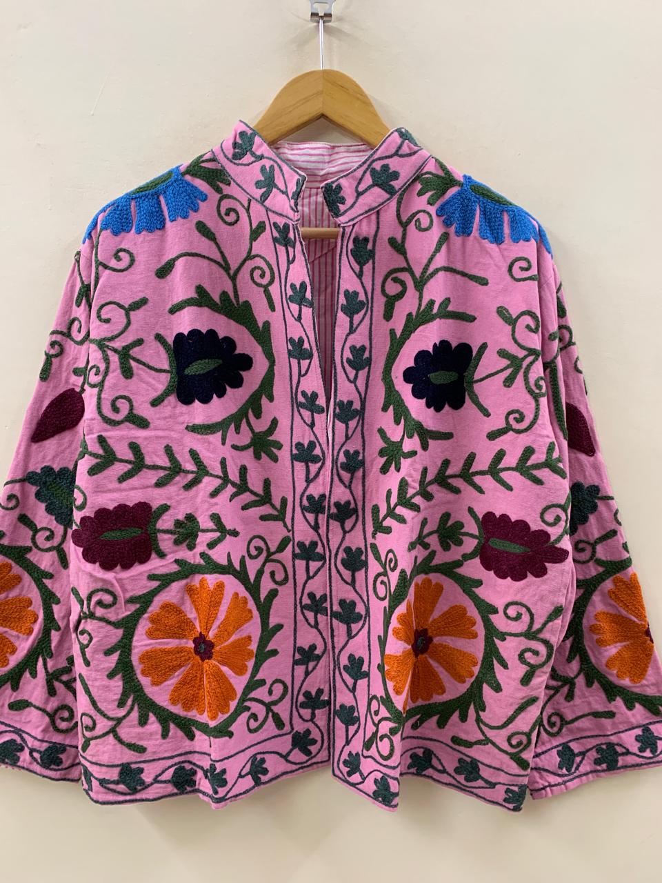 Suzani Cotton Short Coat, Women's Jacket, Indian Cotton Handmade Embroidery Coat, Suzani Cotton Boho Jacket, Gift For Her, Boho Suzani Coat