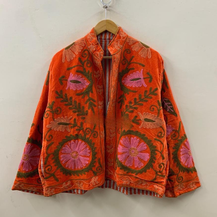 Red Embroidered Velvet Suzani Duster Jacket | Indian Style Coat  | Unisex Jacket | Bridesmaid Winter Jacket | Kimono Jacket, Bomber Jacket