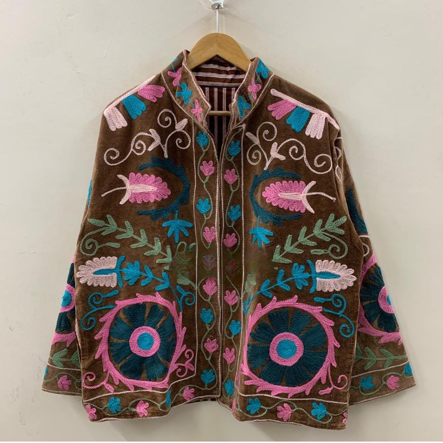 Suzani Embroidered Velvet Winter Jacket | Handmade Short Festival Coat | Ethnic Bohemian Outerwear | Winter Kimono Jacket | Gift For Wife