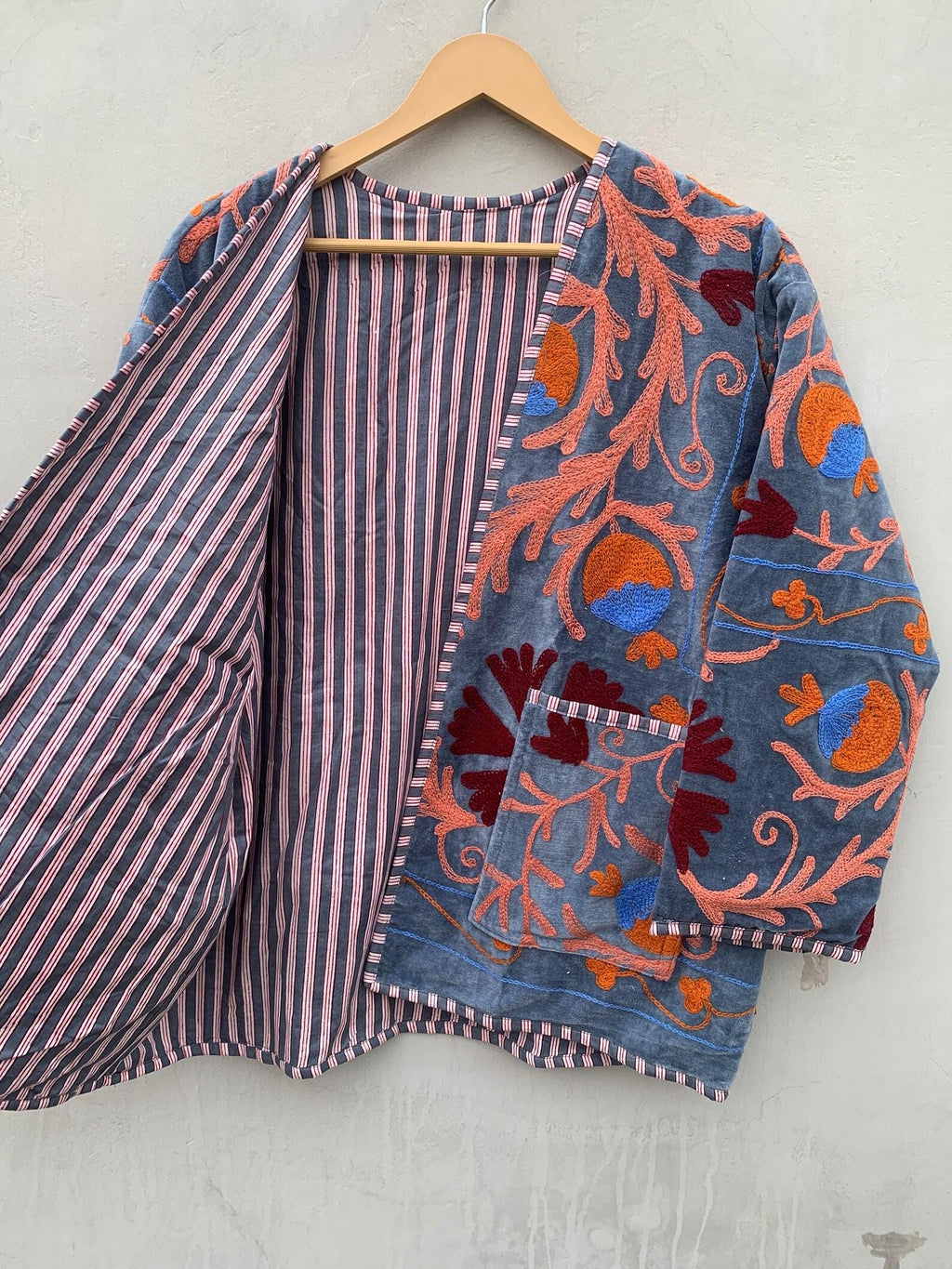 Grey Velvet Suzani Short Boho Robe | Ethnic Embroidered Kimono Coat | Vintage Duster