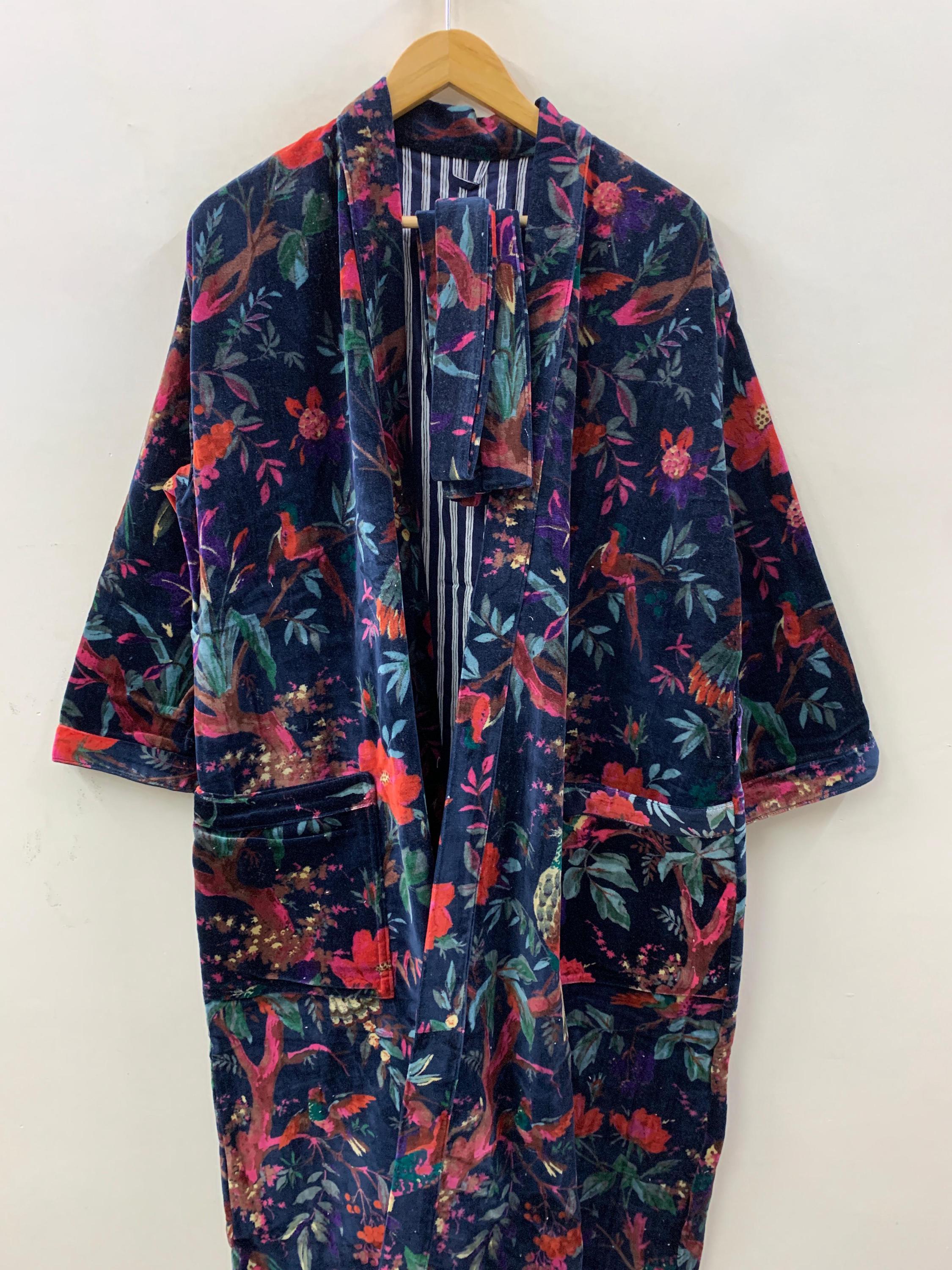 Dark Floral Velvet Kimono Robe | Navy Botanical Print Loungewear | Boho Dressing Gown with Belt | Women's Kimono Jacket | Soft Velvet Wrap