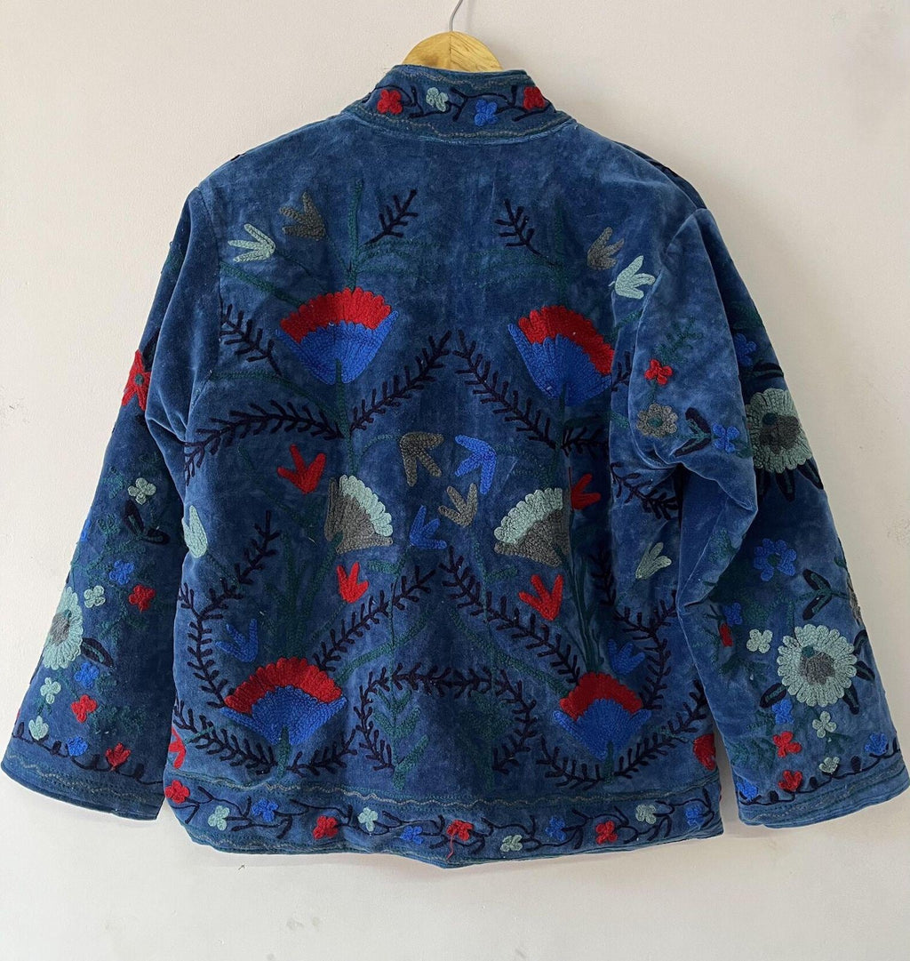 Suzani Embroidered Velvet Winter Jacket | Handmade Short Festival Coat | Bohemian Outerwear