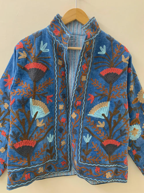 Blue Embroidery Suzani Velvet Short Jacket, Indian Handmade Floral Coat, Unisex Bridesmaid Gift, Winter Jacket, Women's Coat, Suzani Jacket