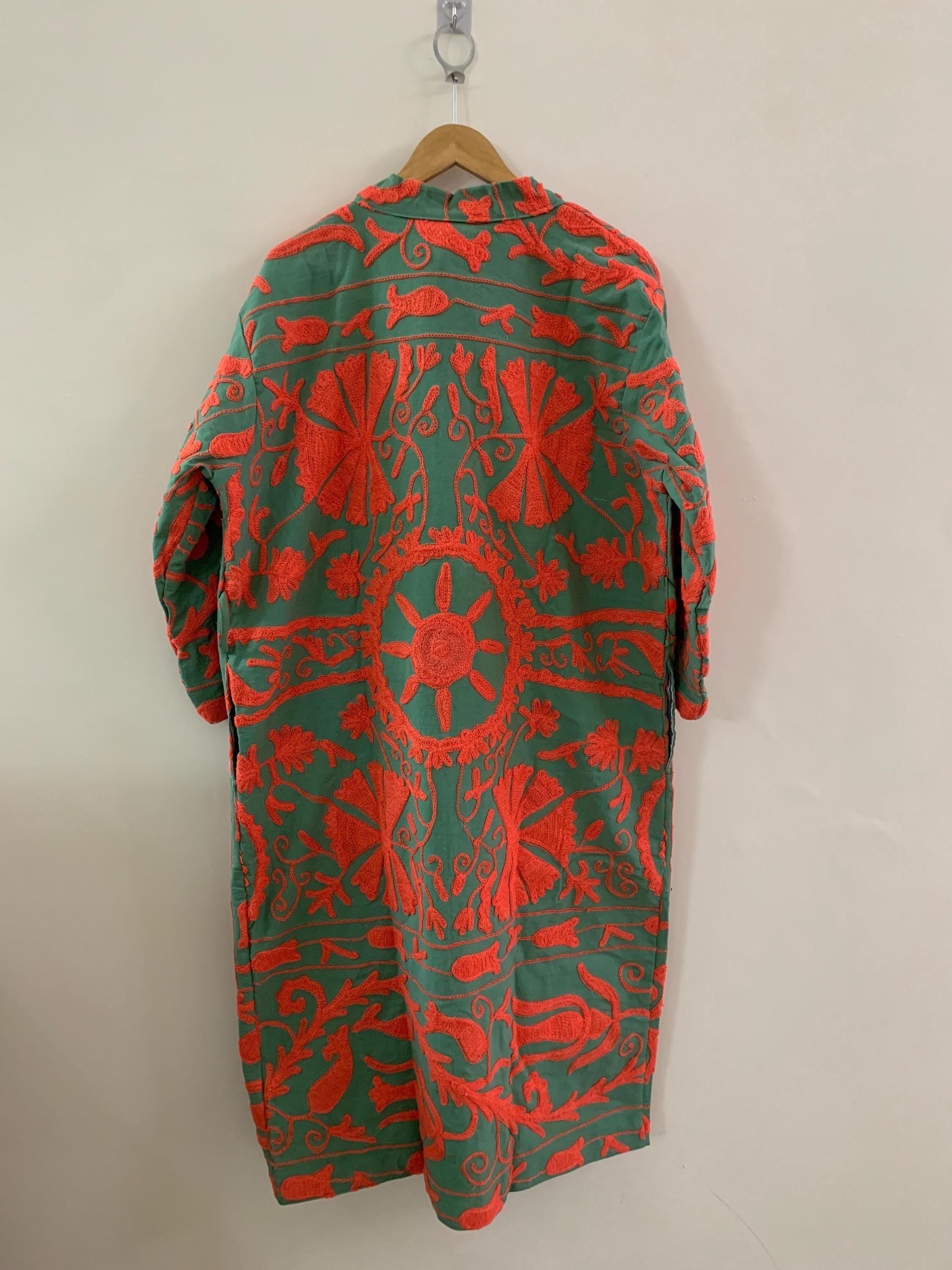 Vintage Canvas Cotton Kimono Summer Long Jacket | Hand Embroidered Robe | Boho Clothing | Statement Kimono | Dressing Gown | Gift For Wife