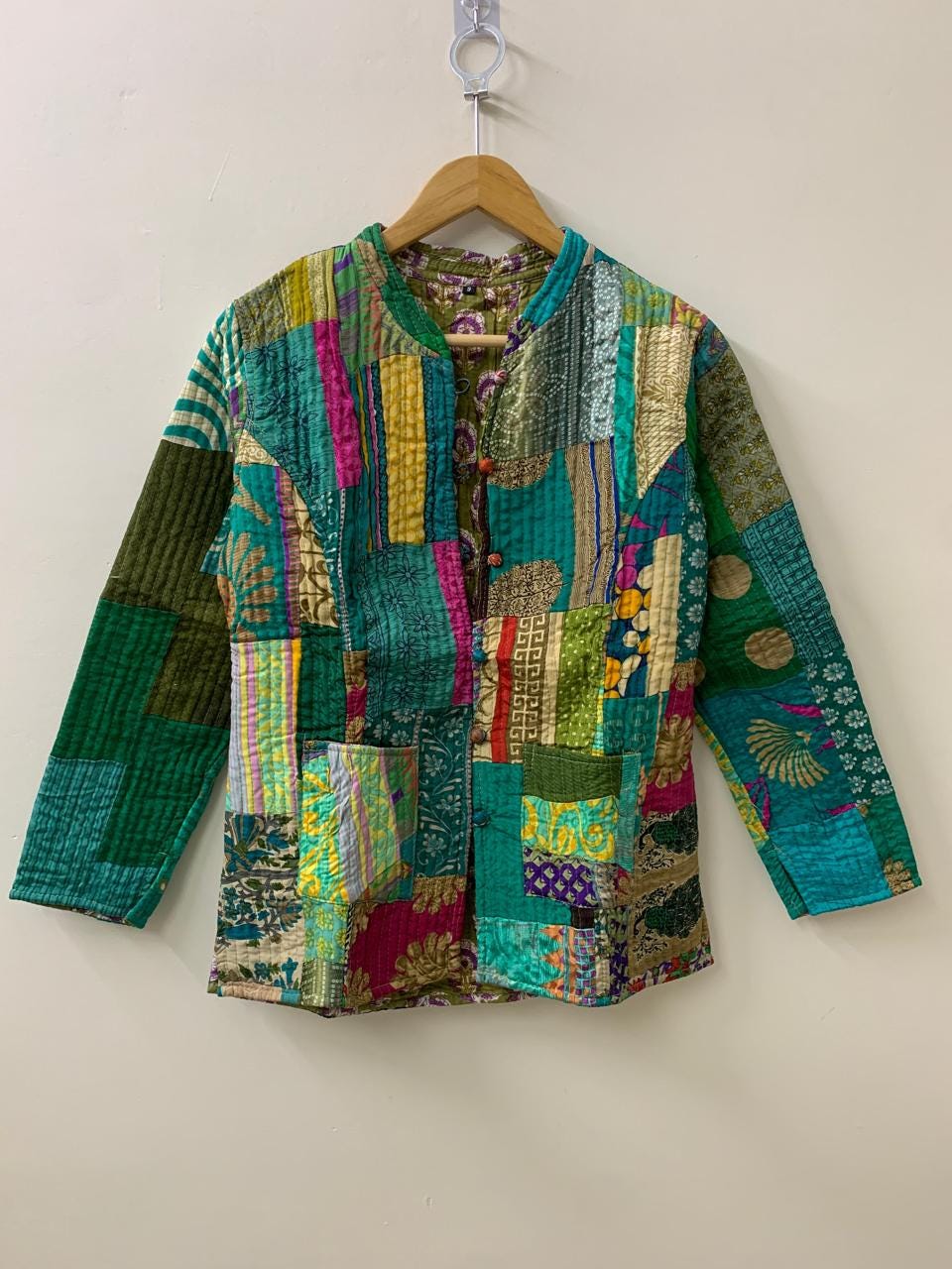 Reversible Silk Patchwork Kantha Jacket Blazer | Buttoned Boho Quilted Coat | Handmade Vintage Fabric Jacket | Bohemian Outerwear |Gift idea