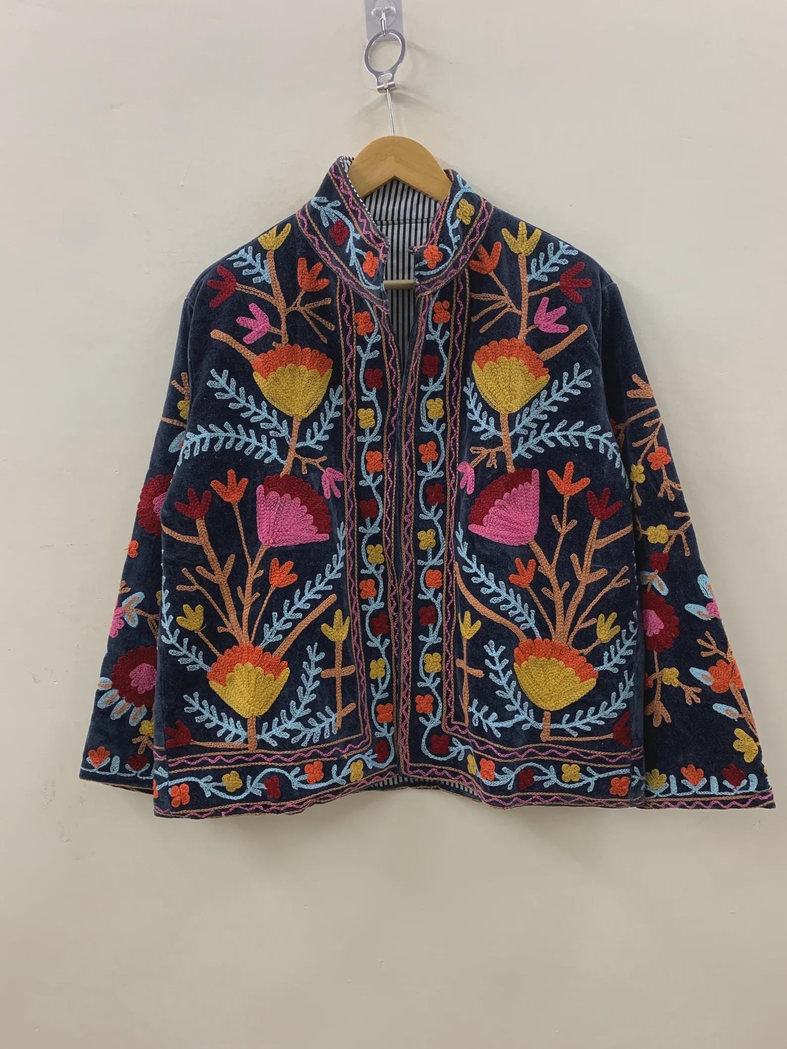 Velvet Suzani Floral Jacket | Women Winter Kimono Jacket | Embroidered Jacket | Winter Warm Coat | Handmade Jacket | Gift for Her
