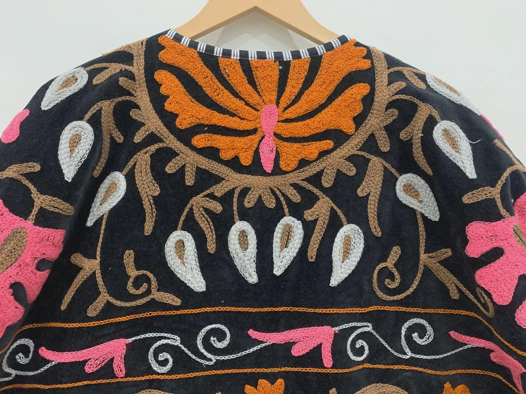 Velvet Suzani Embroidered Kimono Jacket: Handmade Indian Short Coat | Gift For Her
