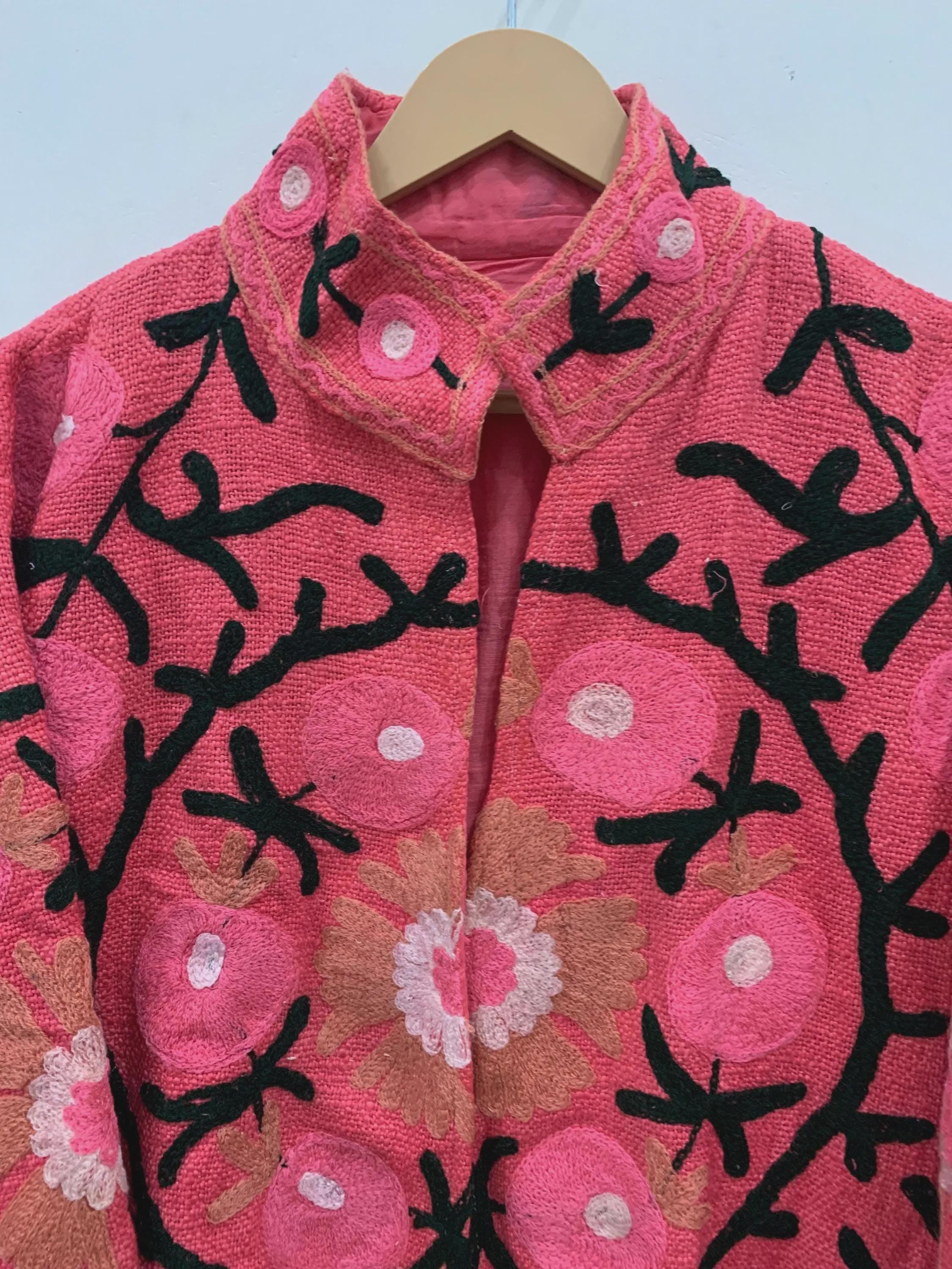 Red TNT Fabric Suzani Short Jacket | Embroidered Boho Jacket | Vintage Uzbek Textile | Floral Bomber Coat | Bohemian Outerwear |Gift For Her