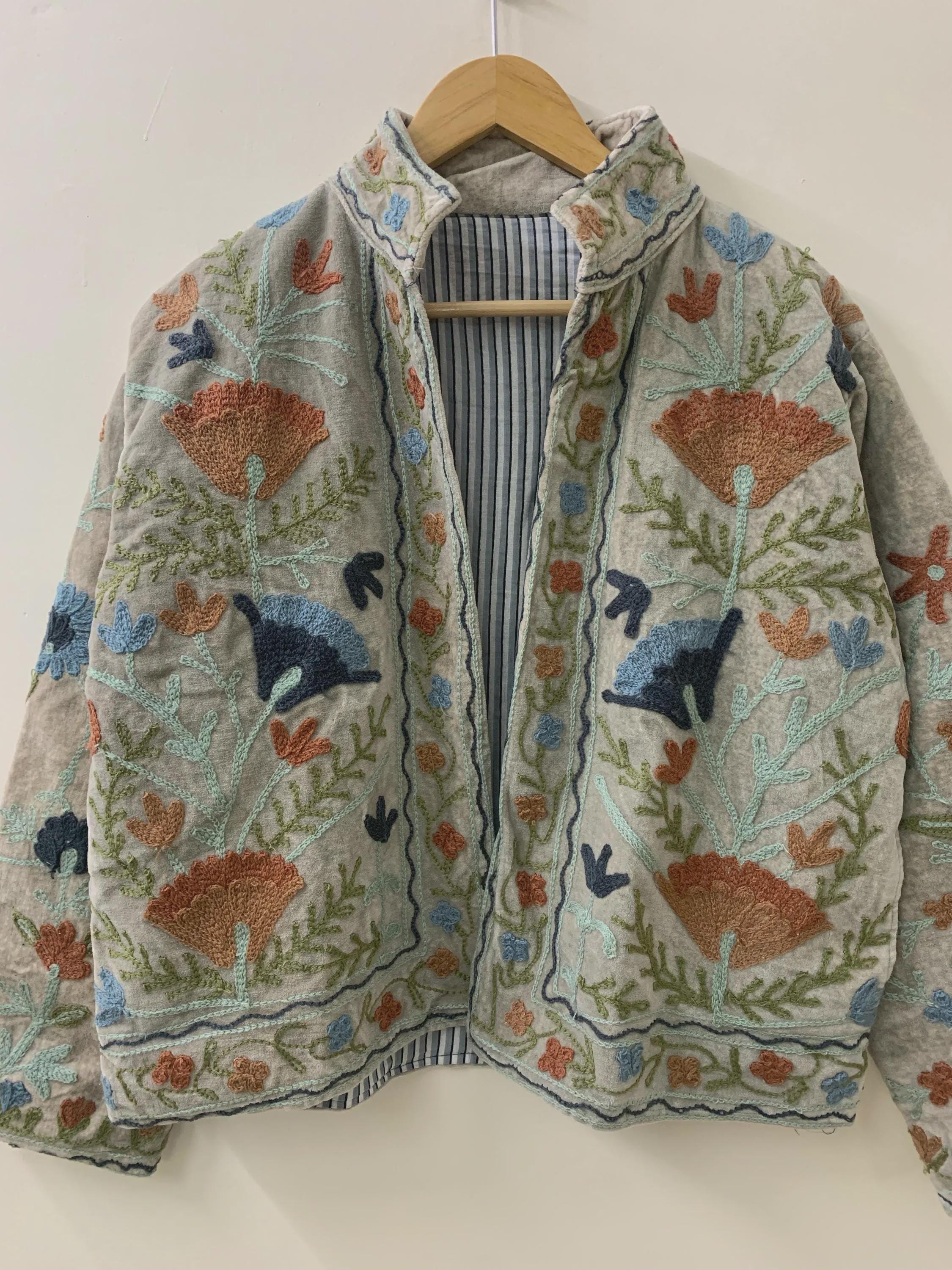 Grey Velvet Suzani Winter Winter Jacket | Handmade Velvet Jacket | Embroidered Jacket | Velvet Jacket | Suzani Coat| Gift For Her | One Size