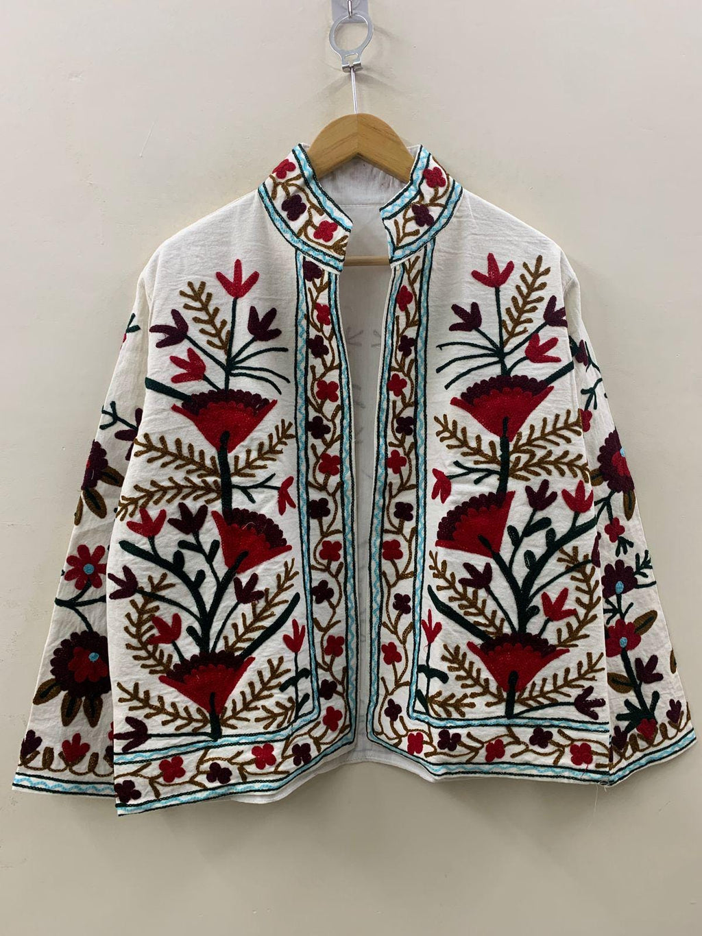 White Suzani TNT Fabric Short Boho Jacket | Long Sleeve Button Winter Coat | Short Jacket | Spring Bomber Jacket | Gift For Her