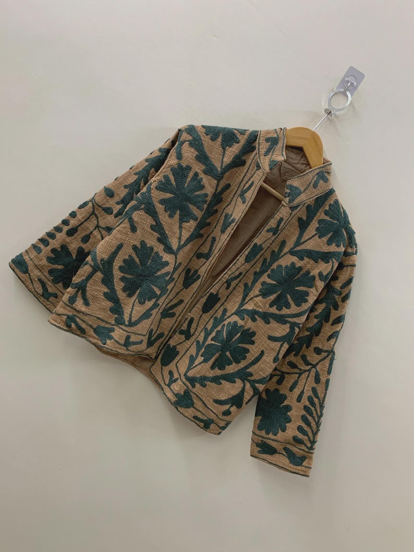 Beige Cotton Suzani Winter Short Jacket | Cotton Spring Jacket | Suzani Bomber Vintage Floral Boho Jacket | Gift For Her | Outerwear
