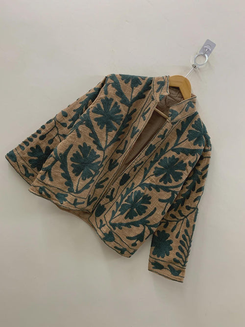 Beige Cotton Suzani Winter Short Jacket | Cotton Spring Jacket | Suzani Bomber Vintage Floral Boho Jacket | Gift For Her | Outerwear