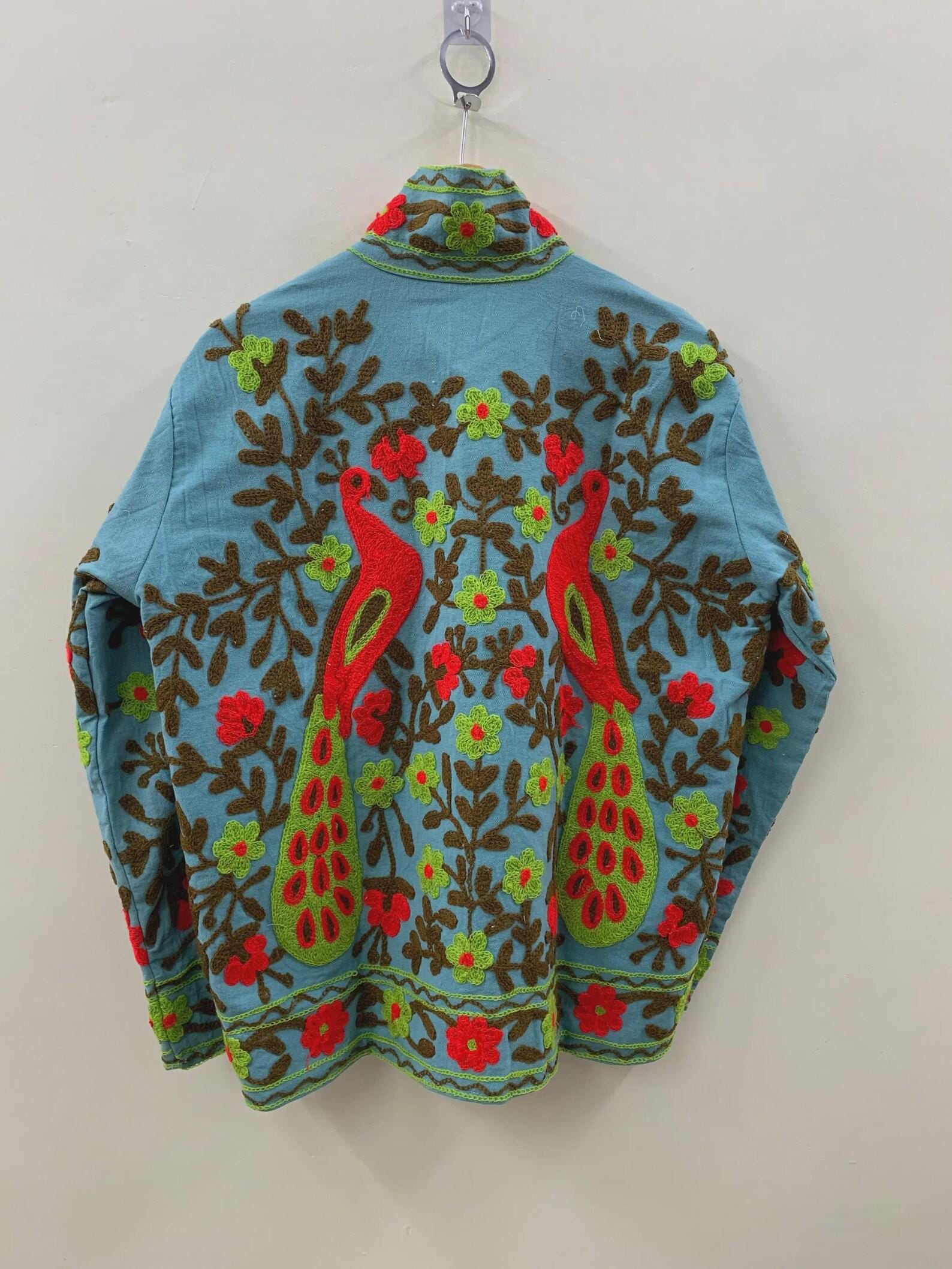 Vintage Velvet Suzani Short Jacket | Embroidered Peacock & Floral Boho Coat | Ethnic Artisan Jacket | Bohemian Outerwear | Gift for Her