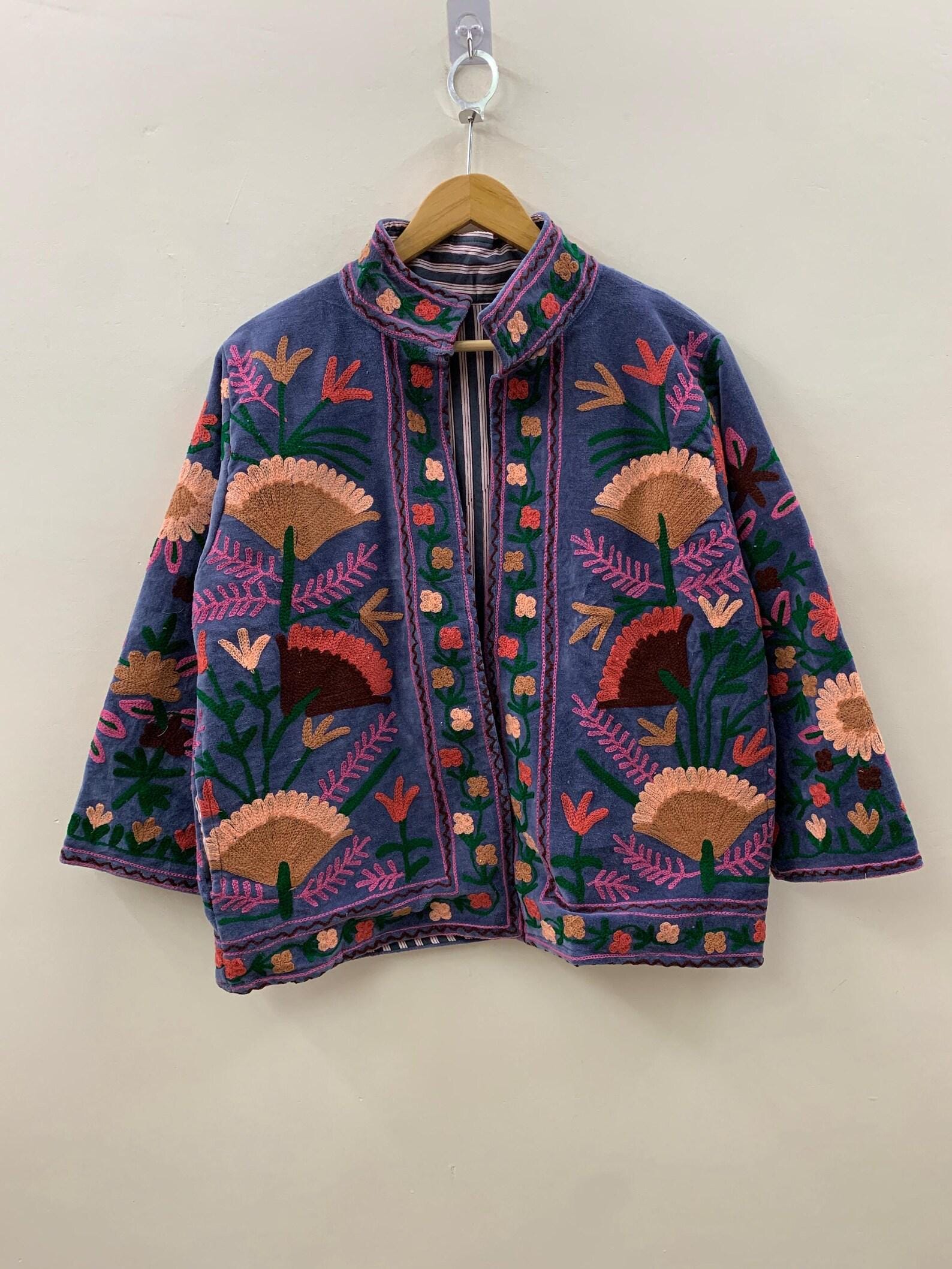 Indian Style Velvet Embroidery Suzani Jacket | Boho Coat | Unisex Bridesmaid Gift | Winter Jacket | Kimono Robe, Duster Jacket, Gift For Her
