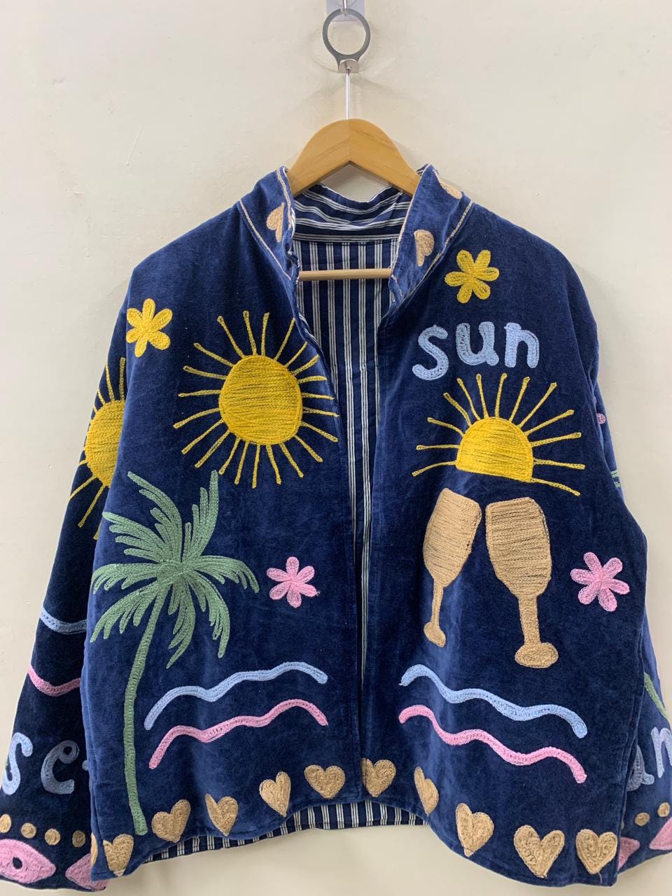 Unique Velvet Suzani Short Jacket | Boho Embroidered Statement Coat | Sun, Palm, Moon & Heart Design | Colorful Festival Jacket |Duster Coat