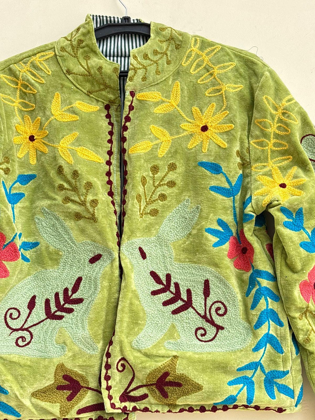 Green Velvet Suzani Jacket | Floral Embroidery Jacket  | Hippie Coat | Warm Winter Coat | Artisanal Outerwear | Gift For Her | Cropped Coat