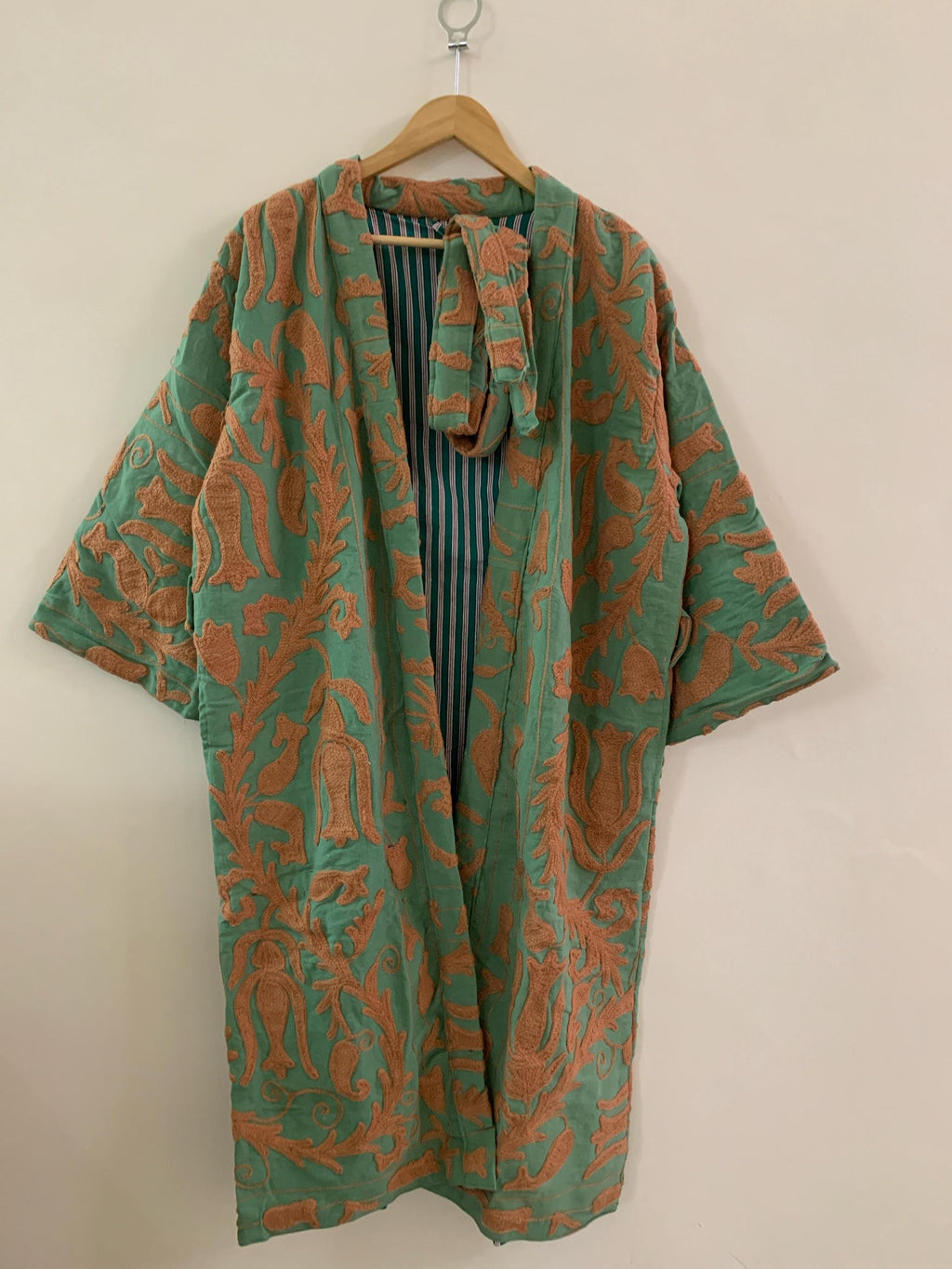 Mustard Canvas Cotton Kimono Summer Long Jacket | Hand Embroidered Robe | Boho Clothing | Statement Kimono | Dressing Gown | Gift For Wife