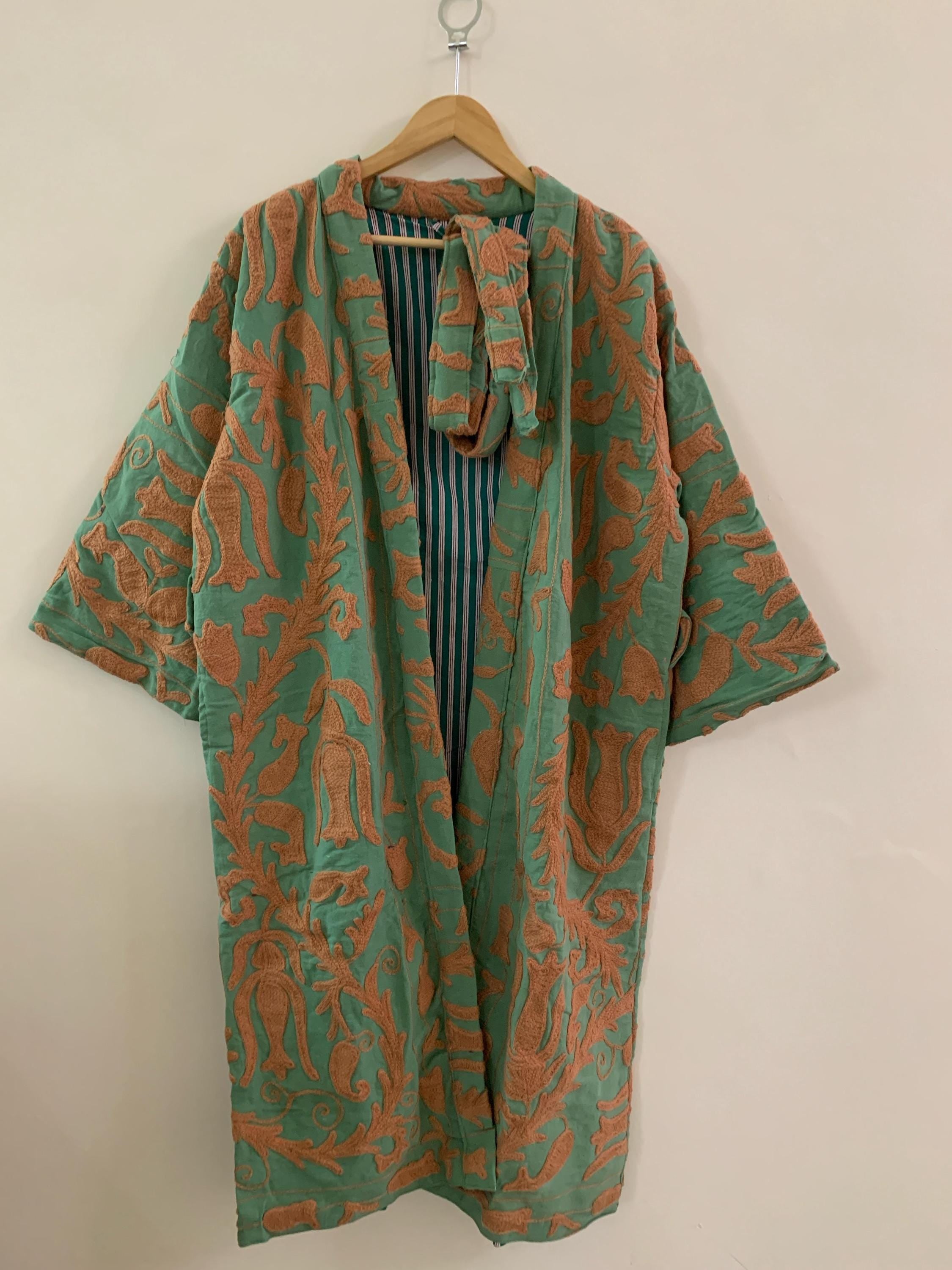 Mustard Canvas Cotton Kimono Summer Long Jacket | Hand Embroidered Robe | Boho Clothing | Statement Kimono | Dressing Gown | Gift For Wife