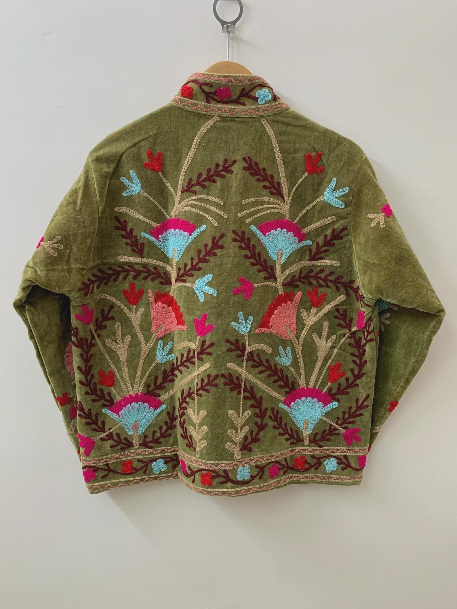 Green Suzani Velvet Short Jacket | Vintage Button Winter Coat | Short Ethnic Jacket | Spring Bomber Jacket | Gift For Her |Suzani Outerwear