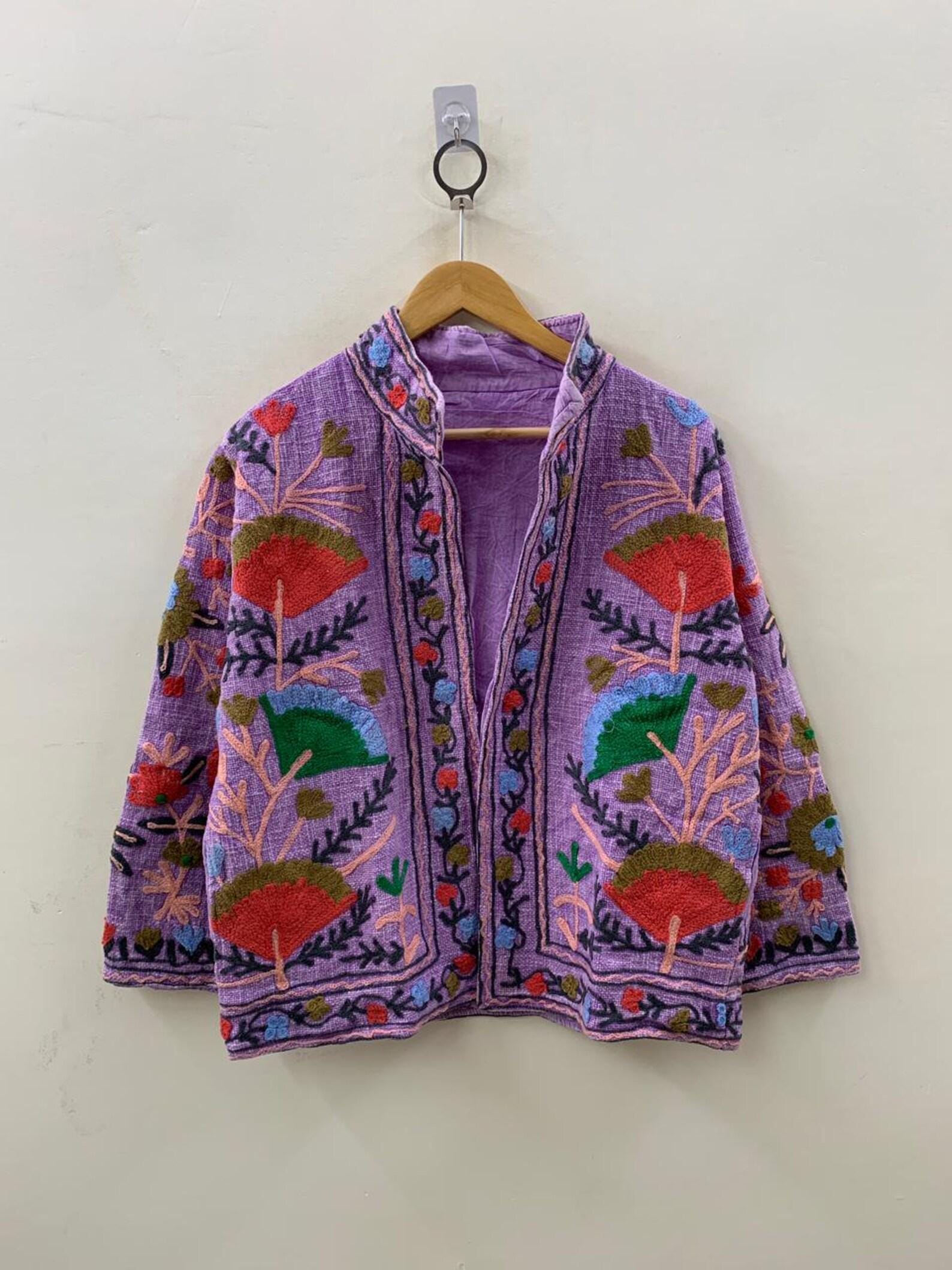 Purple Vintage Suzani Short Jacket | Handmade Embroidered Boho Coat | Gift For Her