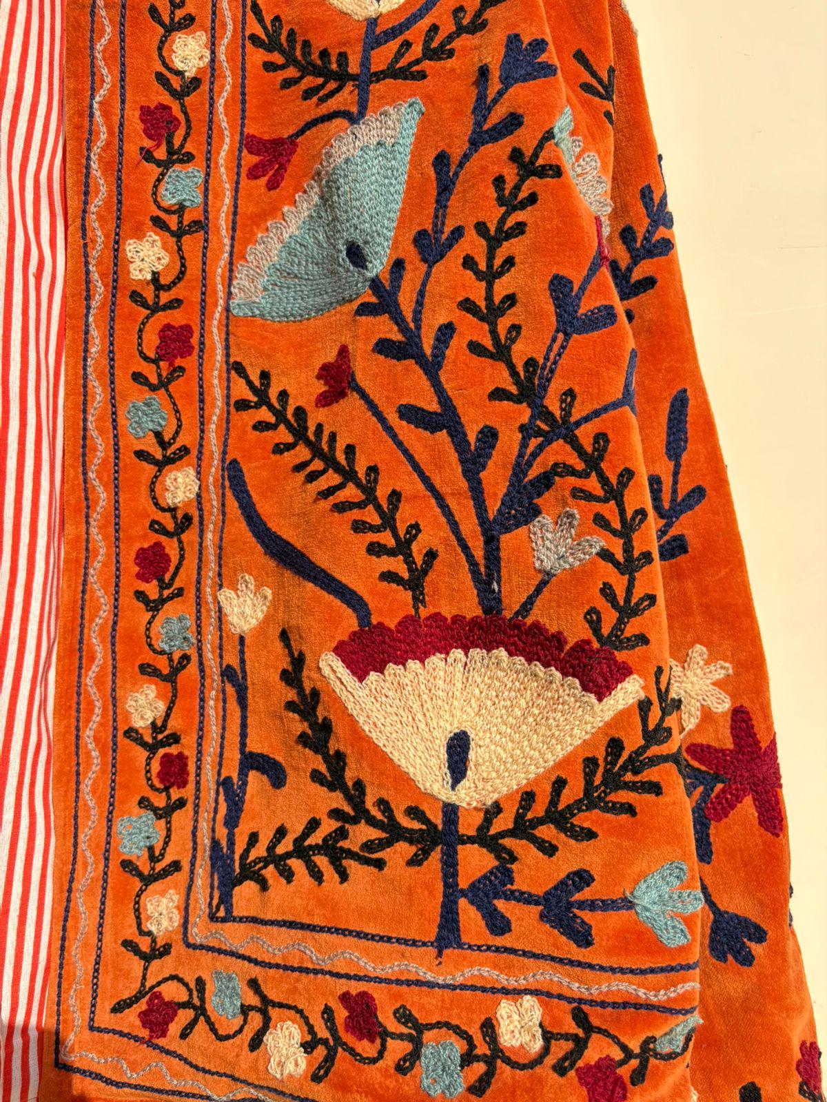 Orange Suzani Embroidered Velvet Jacket | Boho Coat | Ethnic Kimono Jacket | Warm Winter Outerwear | Gift for Her | Cropped Kimono Jacket
