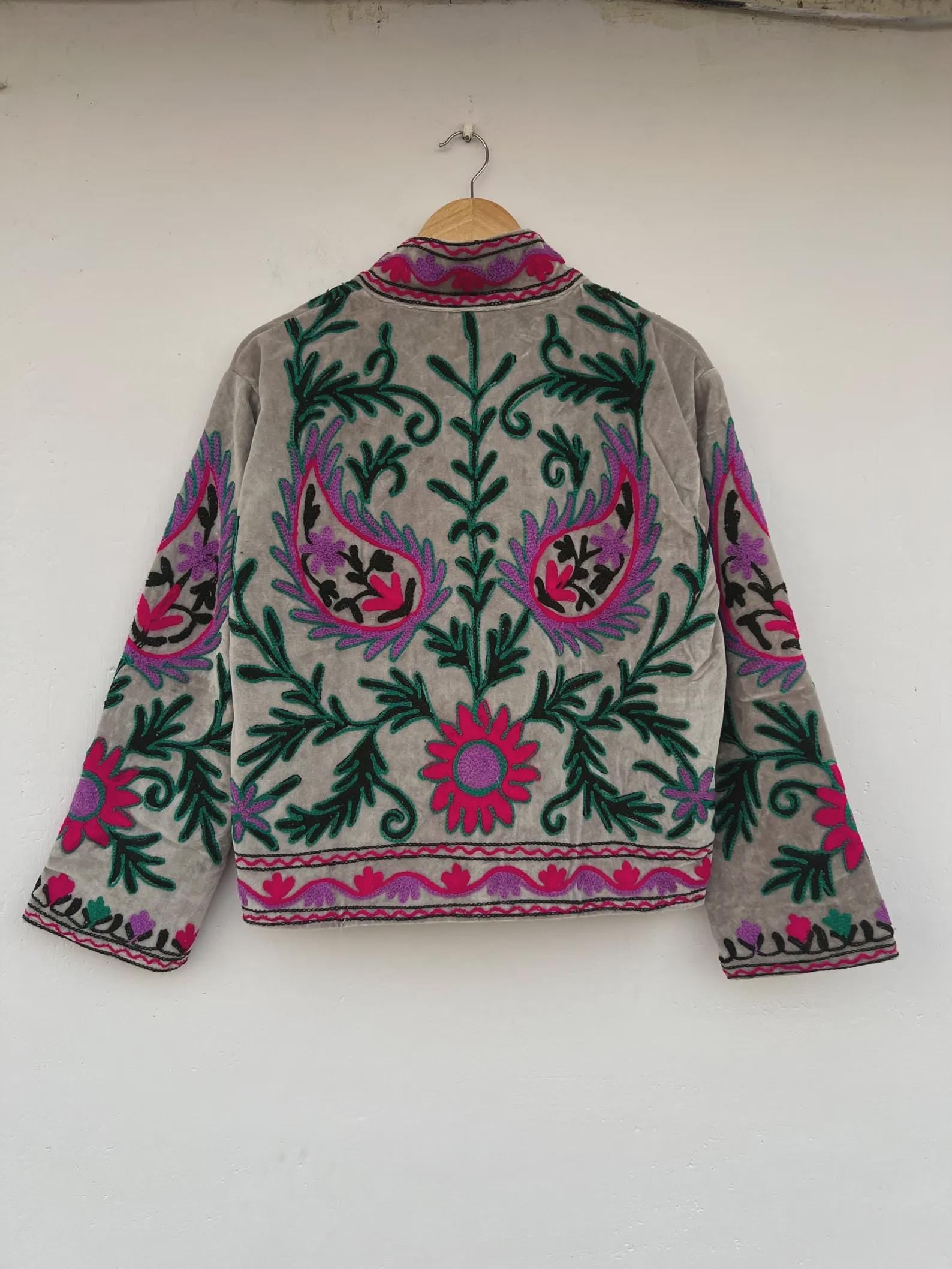 Embroidered Suzani Velvet Boho Jacket | Handmade Floral Winter Coat | Gift For Her | Winter Warm Kimono Coat