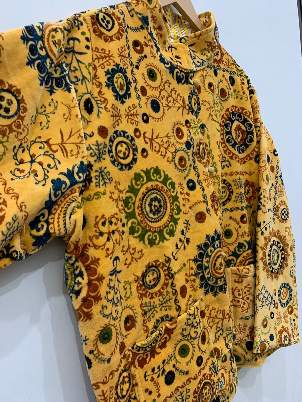 Yellow Floral Print Velvet Short Jacket | Printed Spring Jacket | Duster Jacket, Quilted Bomber Coat, Outerwear, Travel Jacket, Gift For Her