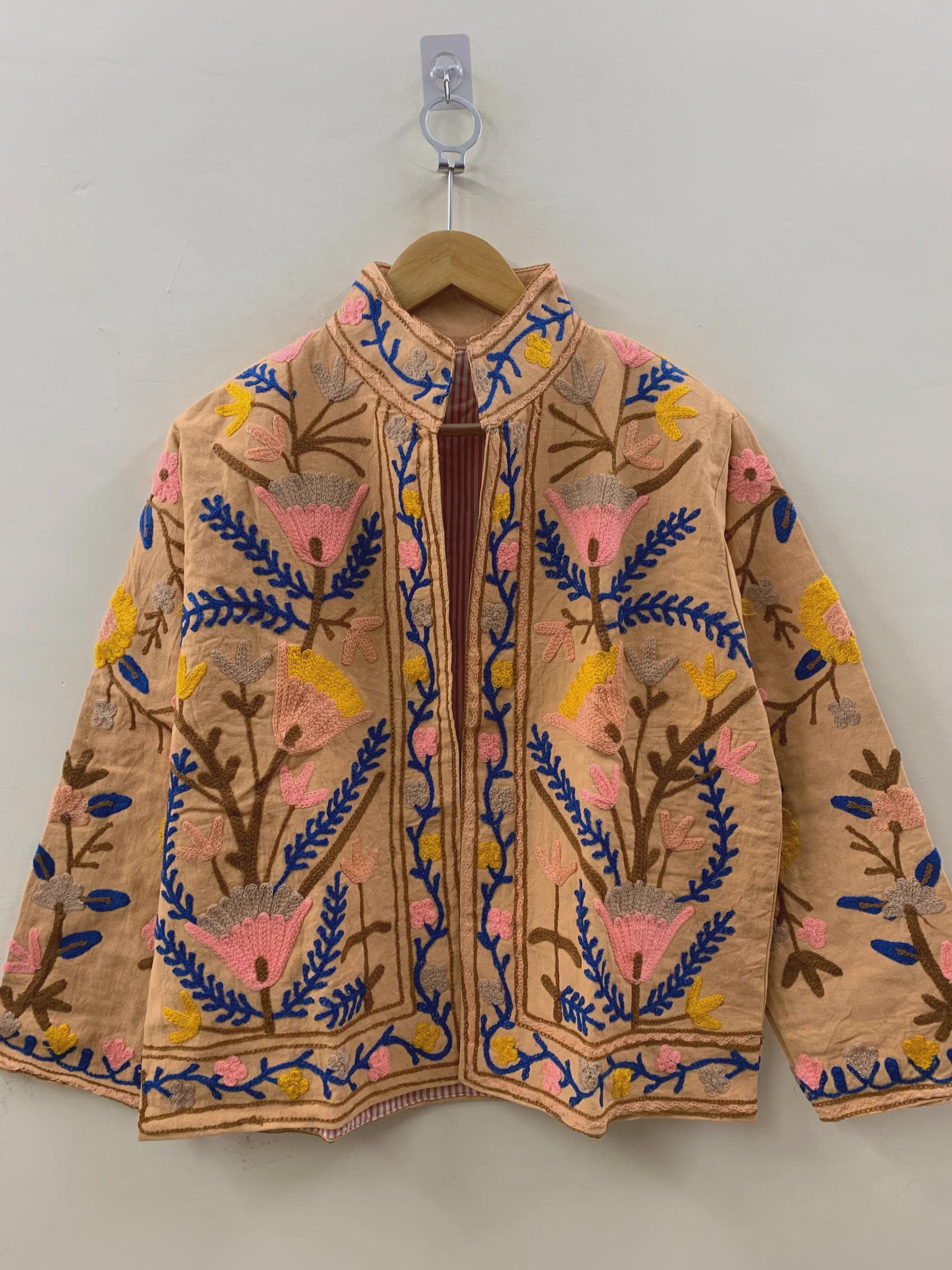 Beige Cotton Suzani Summer Short Jacket | Handmade Embroidered Boho Coat | Floral Ethnic Jacket | Festival Bohemian Outerwear | Gift for Her