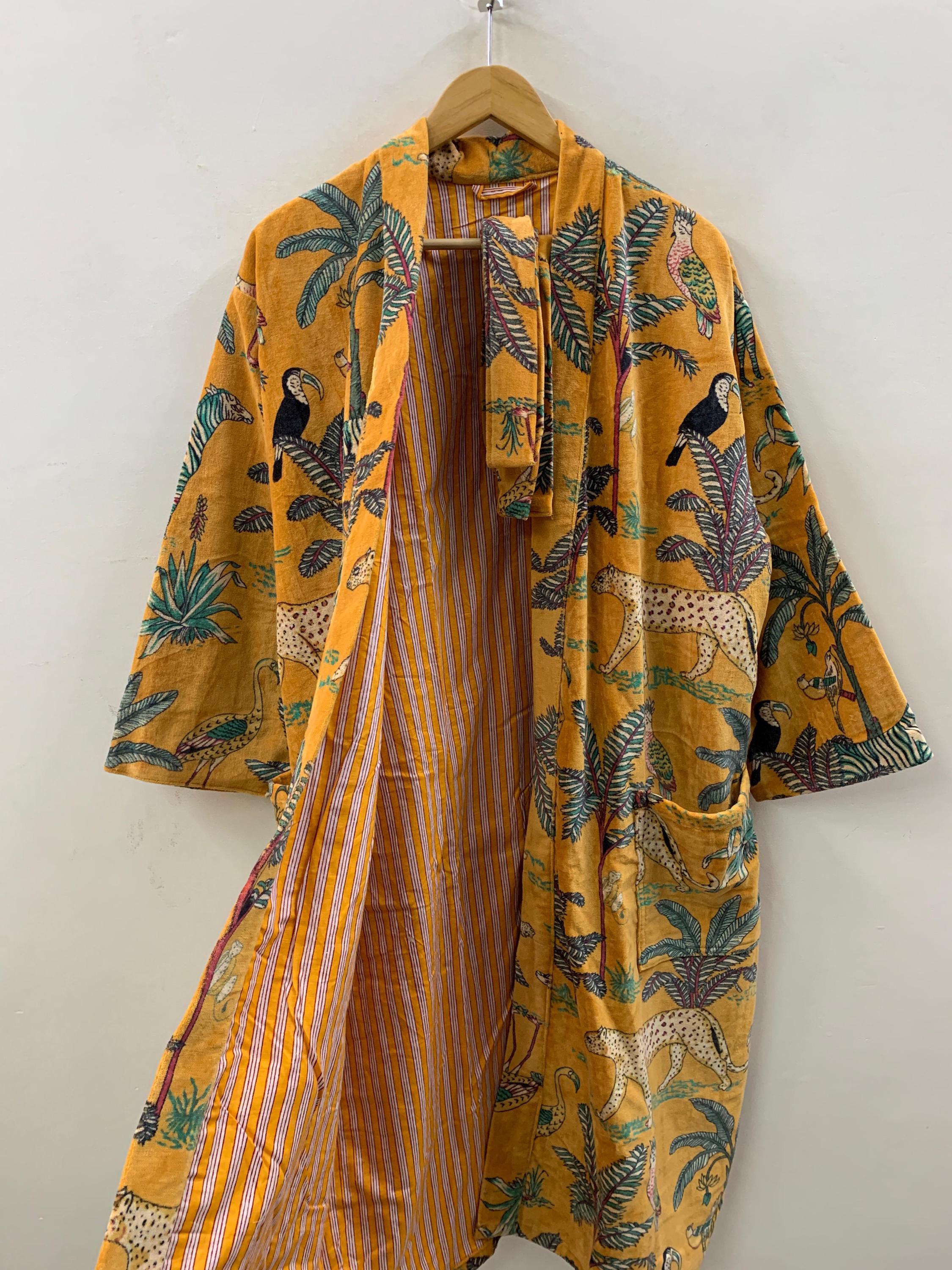 Yellow Leopard Print Velvet Kimono Robe | Bold Animal Print Loungewear | Soft Dressing Gown with Belt |Statement Kimono Jacket| Glam Robe