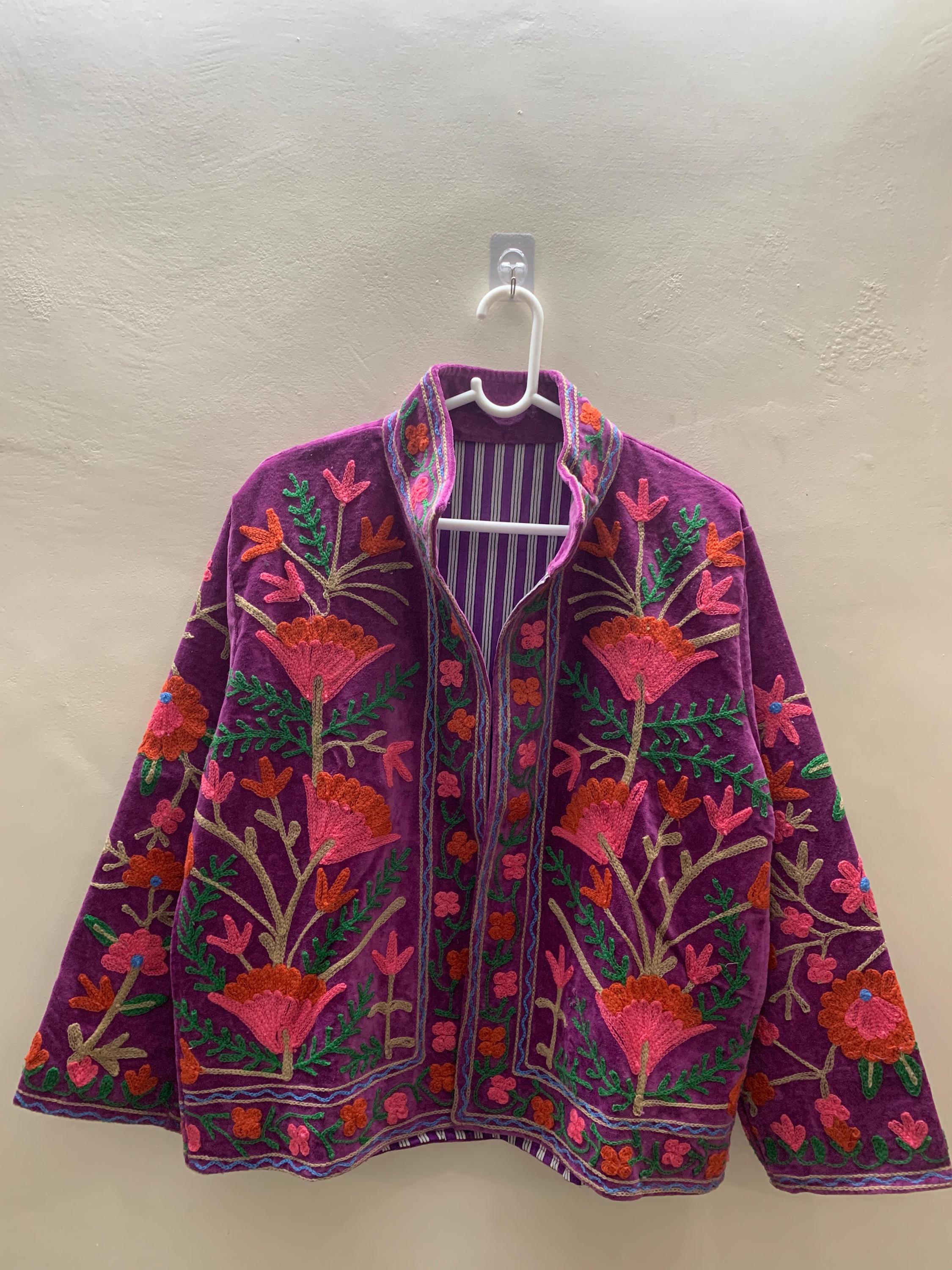 Vintage Suzani Embroidered Velvet Jacket |Pink Jacket | Bomber Hippie Jacket | Winter Warmed Coat | Gift For Her |Duster Short Floral Jacket