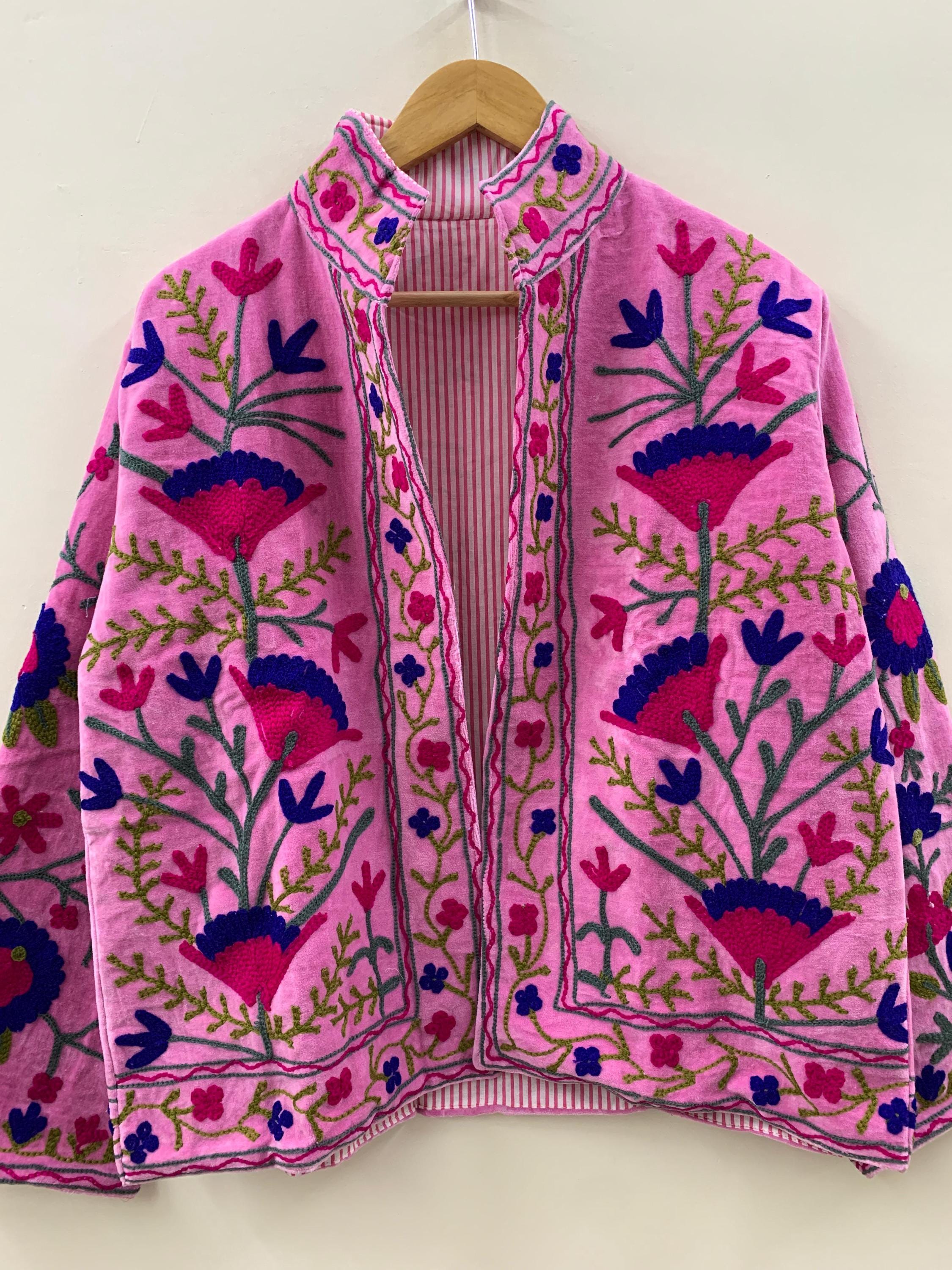 Floral Suzani Embroidered Velvet Jacket | Handmade Short Festival Coat | Ethnic Bohemian Outerwear | Winter Kimono Jacket | Gift For Wife