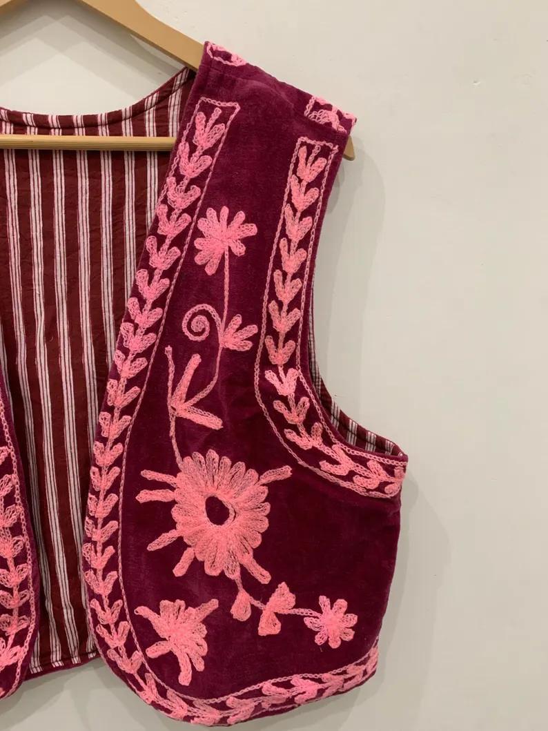 Handmade Embroidered Velvet Boho Vest | Indian Ethnic Waistcoat | Sleeveless Jacket | Cotton Lining | Vintage Bohemian Layer