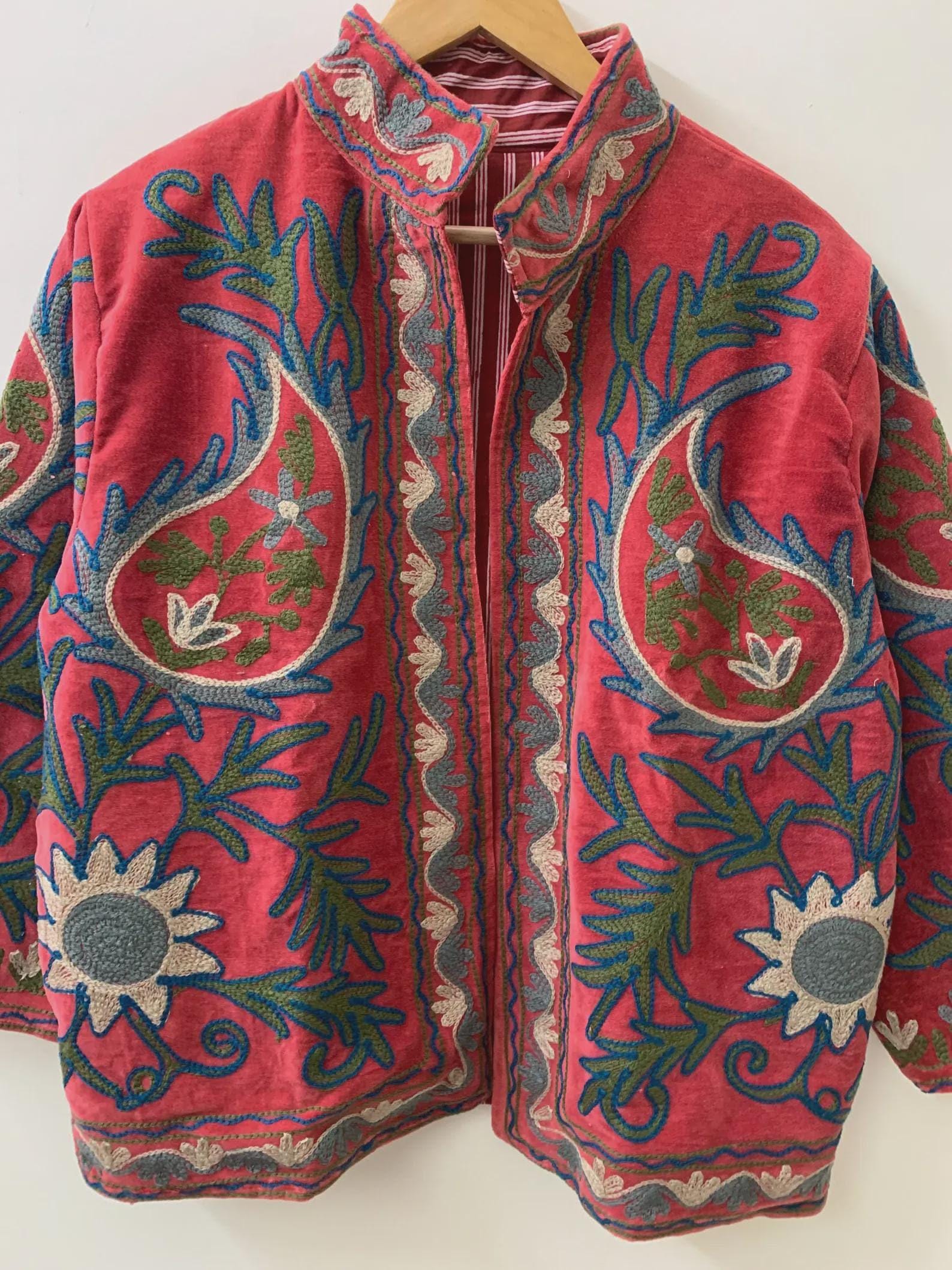 Handmade Floral Suzani Embroidered Velvet Jacket, Bohemian Winter Coat, Suzani Duster Jacket, Partywear Coat, Boho Outerwear, Gift For Her