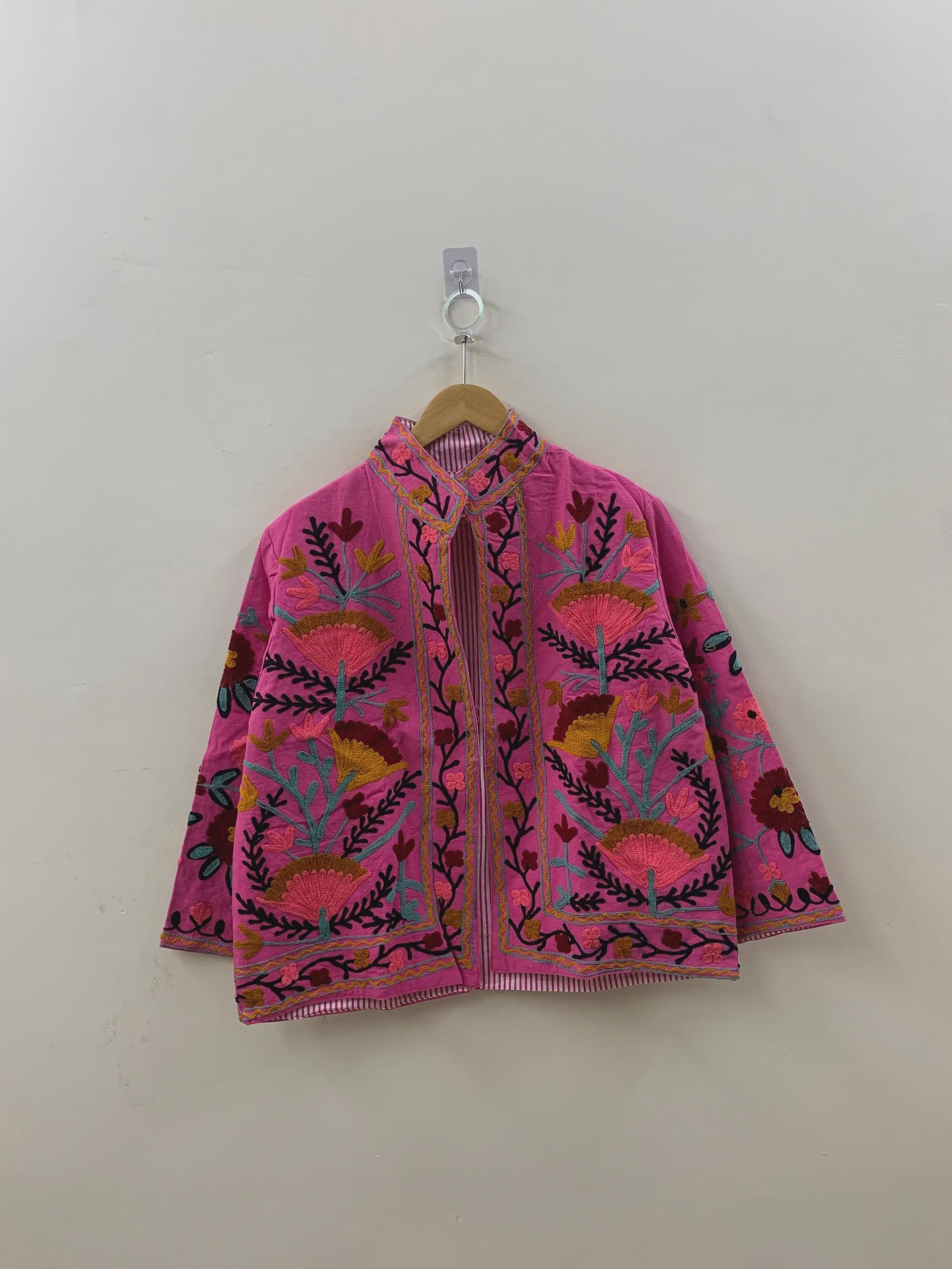 Pink Cotton Suzani Short Jacket | Handmade Embroidered Boho Coat | Floral Bohemian Festival Jacket | Ethnic Artisan Outerwear |Gift for Her
