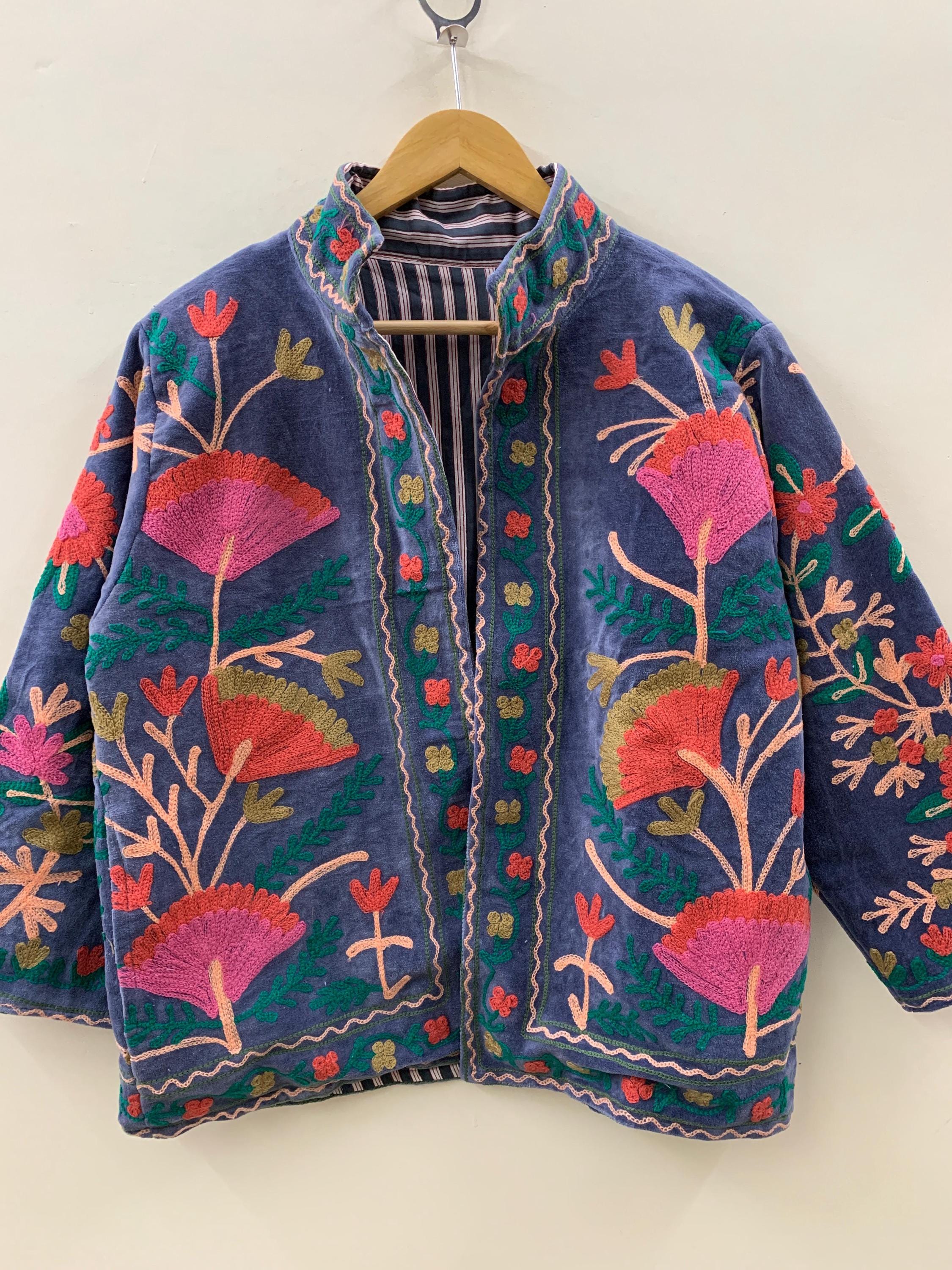 Green Velvet Suzani Jacket Women | Short Ethnic Bomber Jacket | Vintage Button Winter Coat | Boho Festival Wear |  Gift for Her
