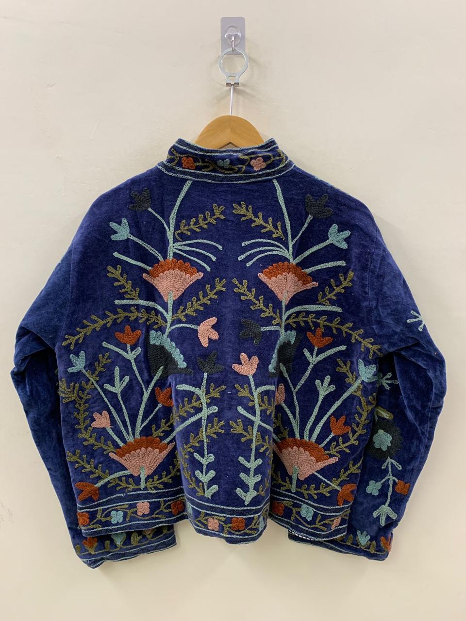 Blue Velvet Suzani Embroidery Jacket | Suzani Duster Jacket | Winter Kimono Jacket | Women's Bomber Coat, Robe, Gift For Her |Street Fashion