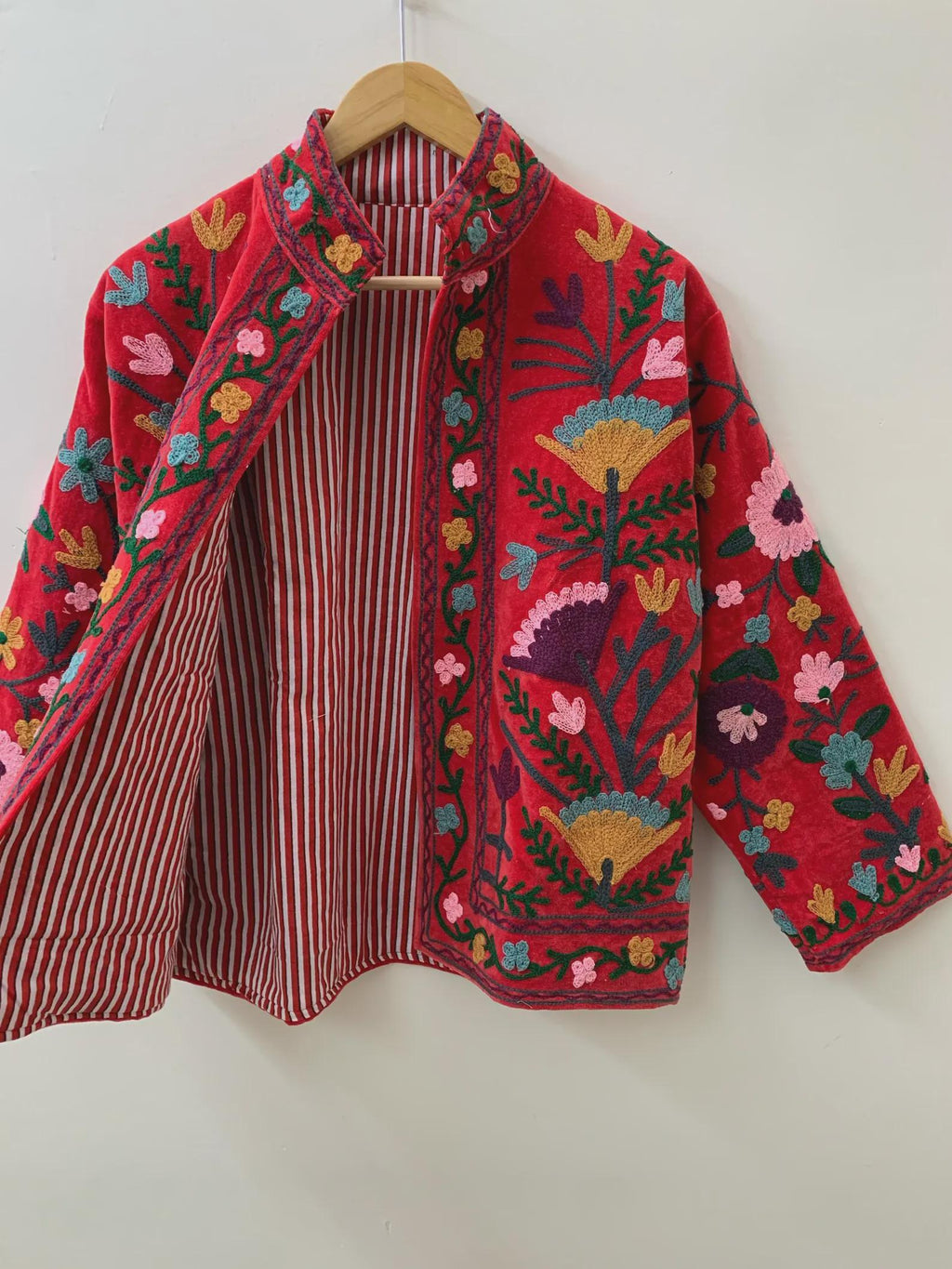 Red Suzani Embroidery Short Jacket | Velvet Suzani Jacket | Floral Multicolor Jacket | Bohemian Coat|  Winter Fashion |Ethnic Gift For Her