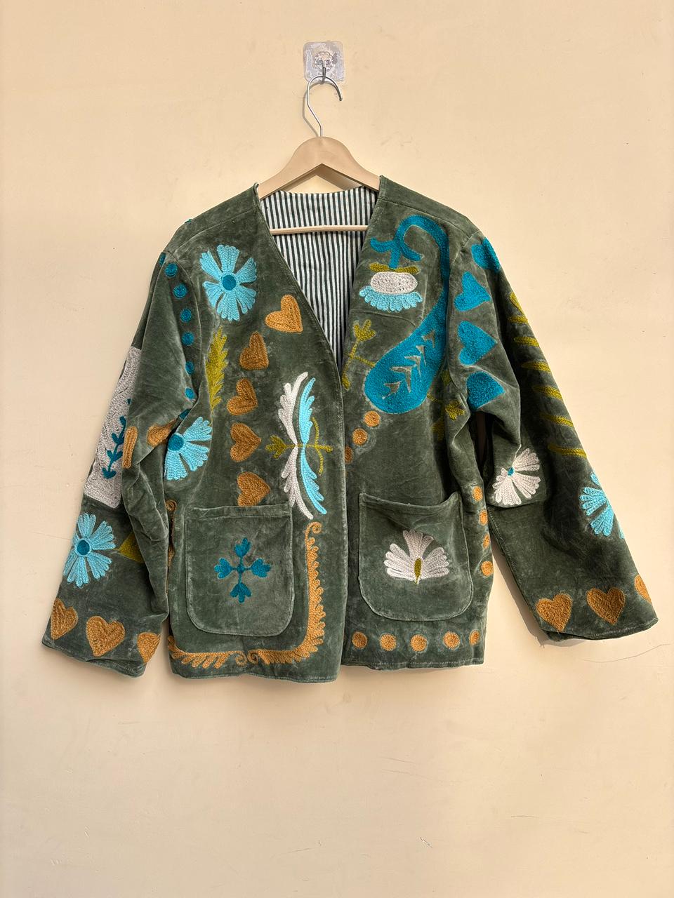 Suzani Velvet Jacket | Embroidered Coat | Traditional Coat | Cropped Jacket | Warm Winter Outerwear | Gift for Her | Bohemian Outerwear