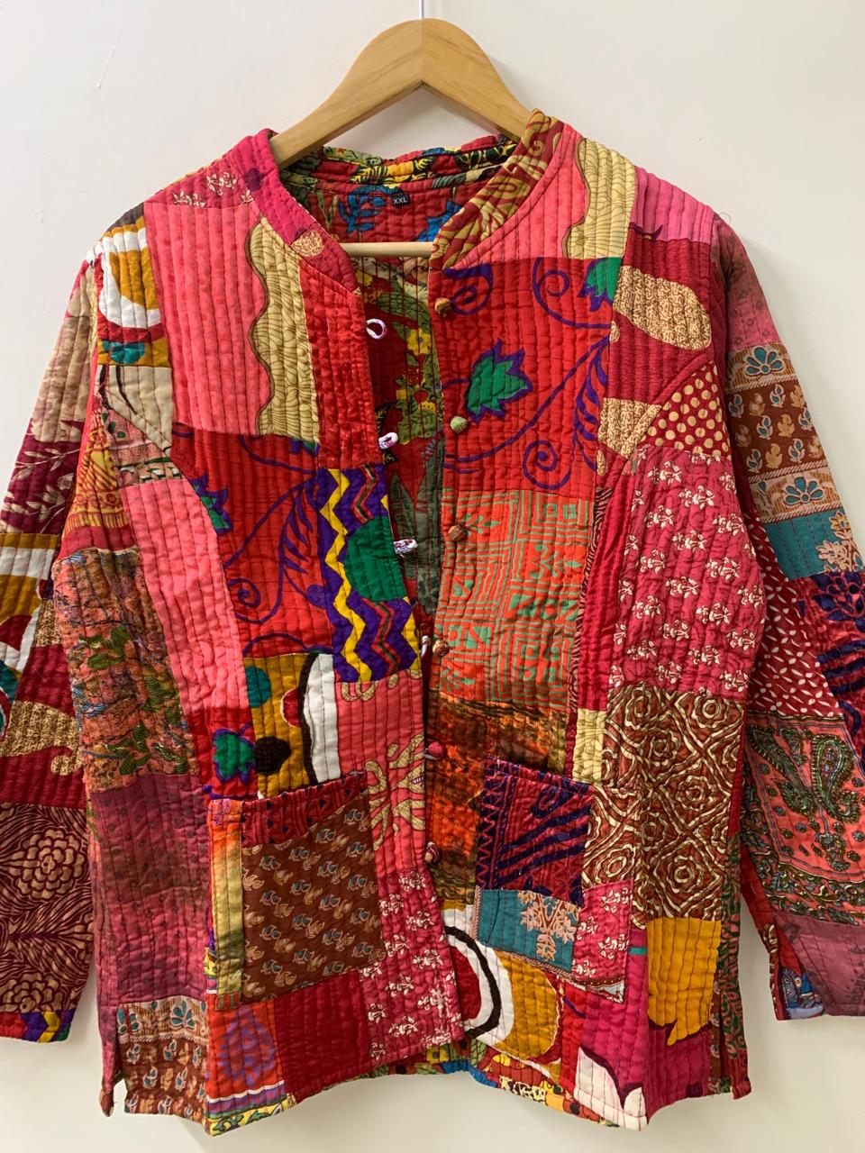 Pure Silk Reversible Patchwork Jacket | Kantha Blazer | Buttoned Quilted Coat |Handmade Vintage Fabric Jacket |Bohemian Outerwear |Gift idea