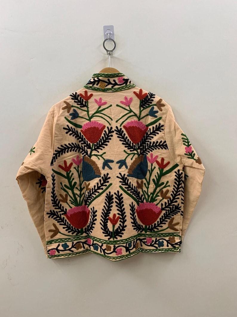 Beige Embroidered Velvet Suzani Jacket | Indian Style Coat  | Unisex Jacket | Bridesmaid Gift | Winter Jacket | Kimono Jacket, Bomber Jacket