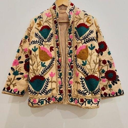 Floral Suzani Velvet Short Jacket – Boho Embroidered Coat- Winter Coat - Uzbek Travel Jacket, Festival Jacket Style Outerwear -Street Jacket