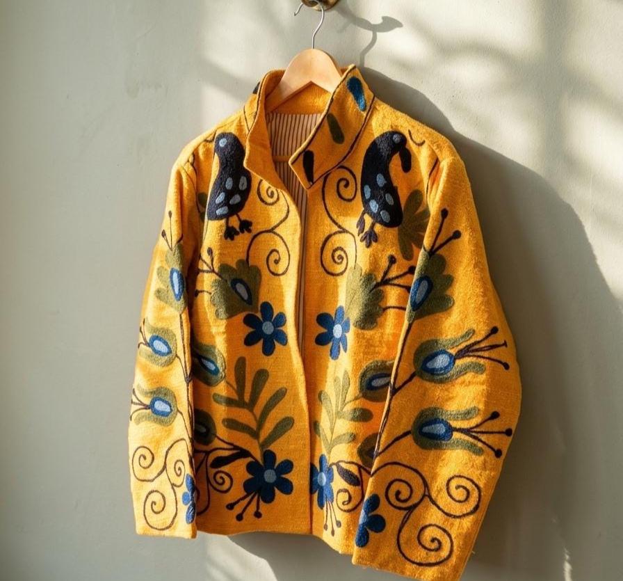 Yellow Embroidered Suzani Short Velvet Jacket | Winter Coat | Short Jacket | Artisan Suzani Velvet Jacket | Gift For Her | Vintage Jacket