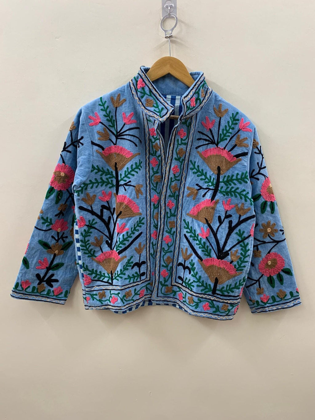 Blue Velvet Suzani Jacket, Handmade Velvet Hand Embroidery Coat, Duster Jacket, Winter Bomber Jacket Coat, Women's Coat, Robe, Gift For Her
