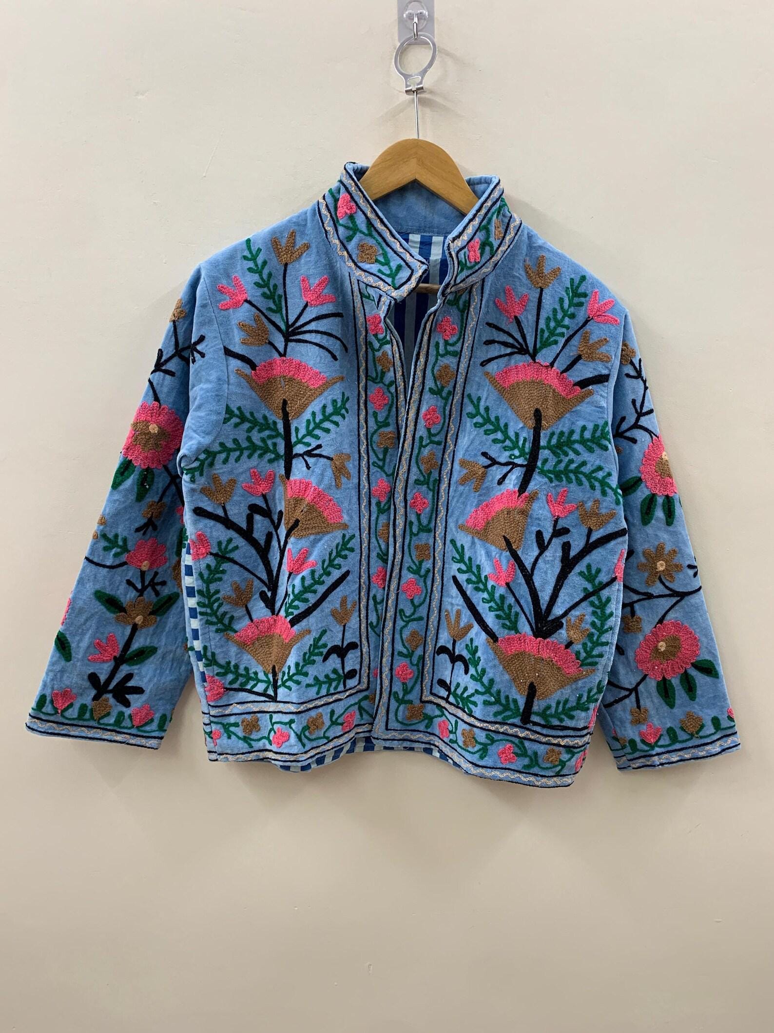 Blue Velvet Suzani Jacket, Handmade Velvet Hand Embroidery Coat, Duster Jacket, Winter Bomber Jacket Coat, Women's Coat, Robe, Gift For Her